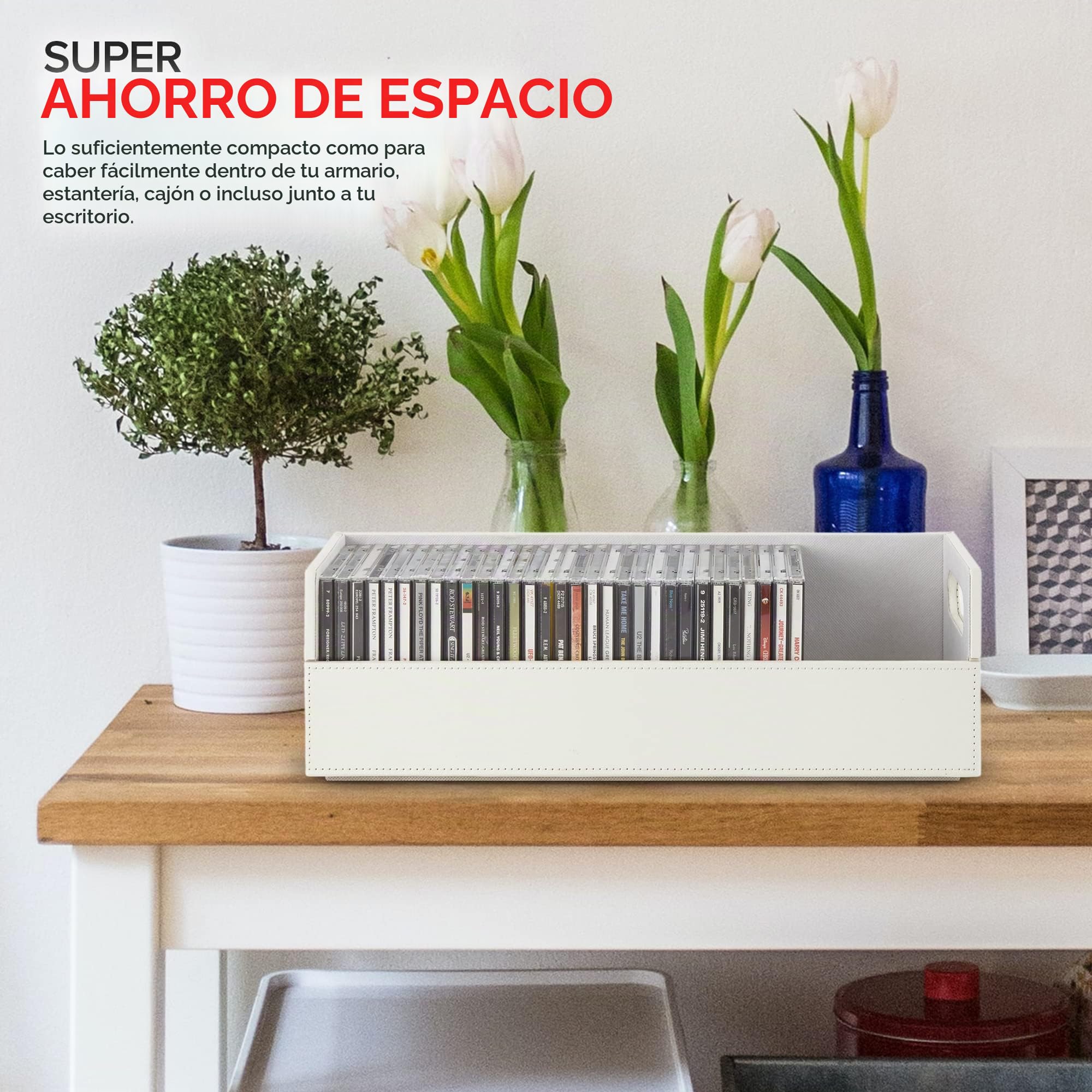 Stock Your Home - Caja de almacenamiento, organizador y soporte de muestra de CDs, DVDs o casetes, capacidad de hasta 40 CDs, piel sintética (blanco)