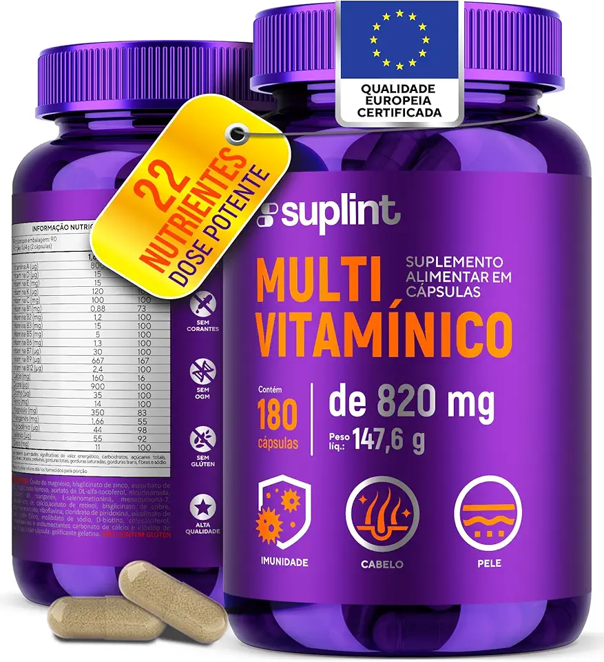 Multivitamínico 180 Cápsulas – Polivitamínico Completo com 13 Vitaminas e 9 Minerais | Suplemento Vitamínico para Homens e Mulheres | Imunidade, Energia, Cabelo, Pele e Unhas | Sem Glúten, Sem Corantes