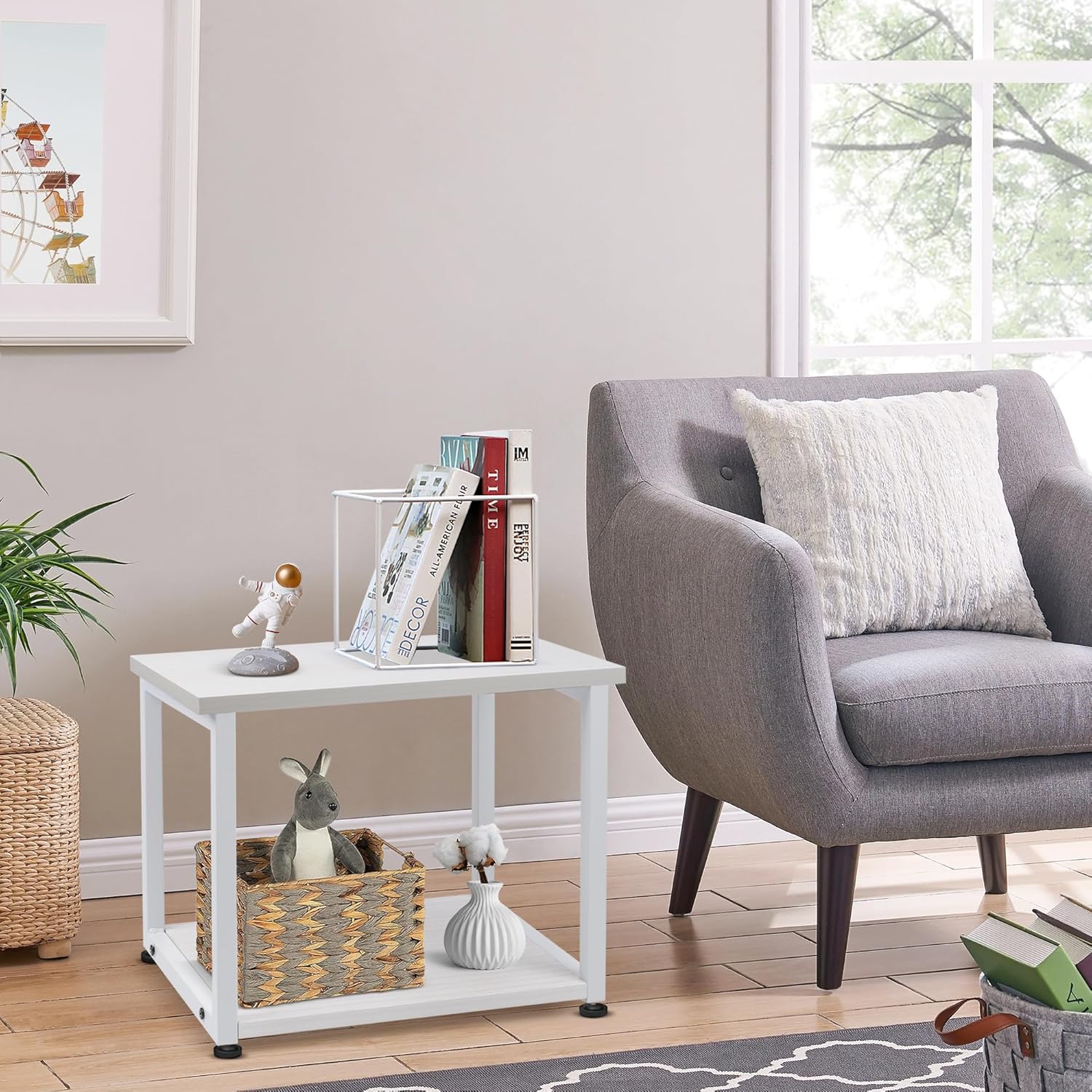 Under Desk Printer Stand - 2-Tier Industrial Mobile Printer Table with Storage Shelf, Heavy Duty Wood Rolling Printer Cart with Wheels for Home and Office,Maple White