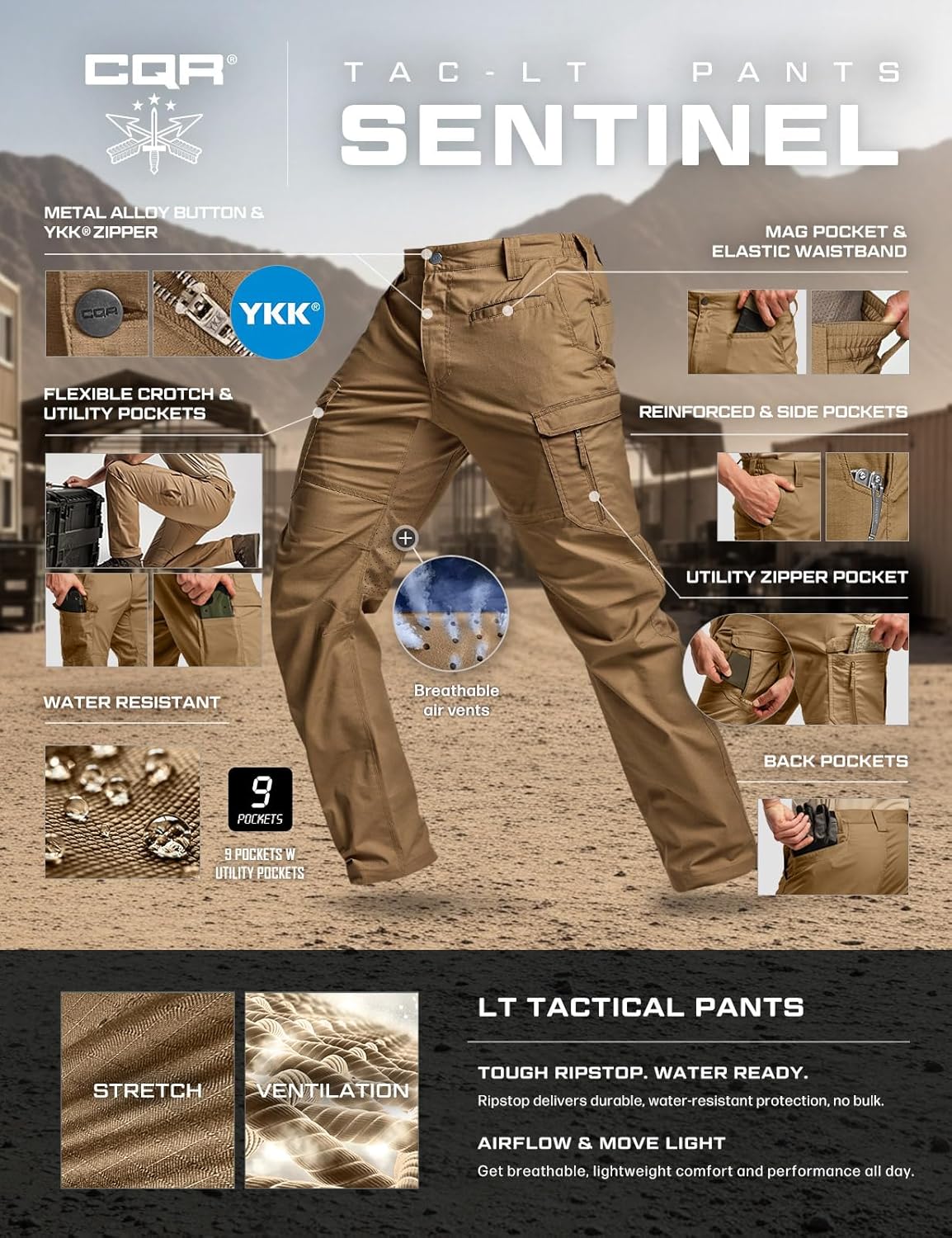 CQR Men's Utility Flex Cargo Pants, Classic-Fit Casual Stretch Work Pants, Water Resistant Lightweight Tactical Hiking Pants - Image 8