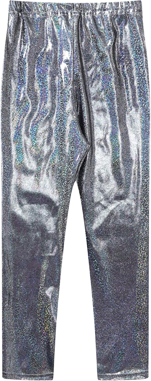 Hularka Kids Girls Shiny Metallic Leggings Jazz Hip Hop Street Dance Pants Running Active Footless Tights Trousers
