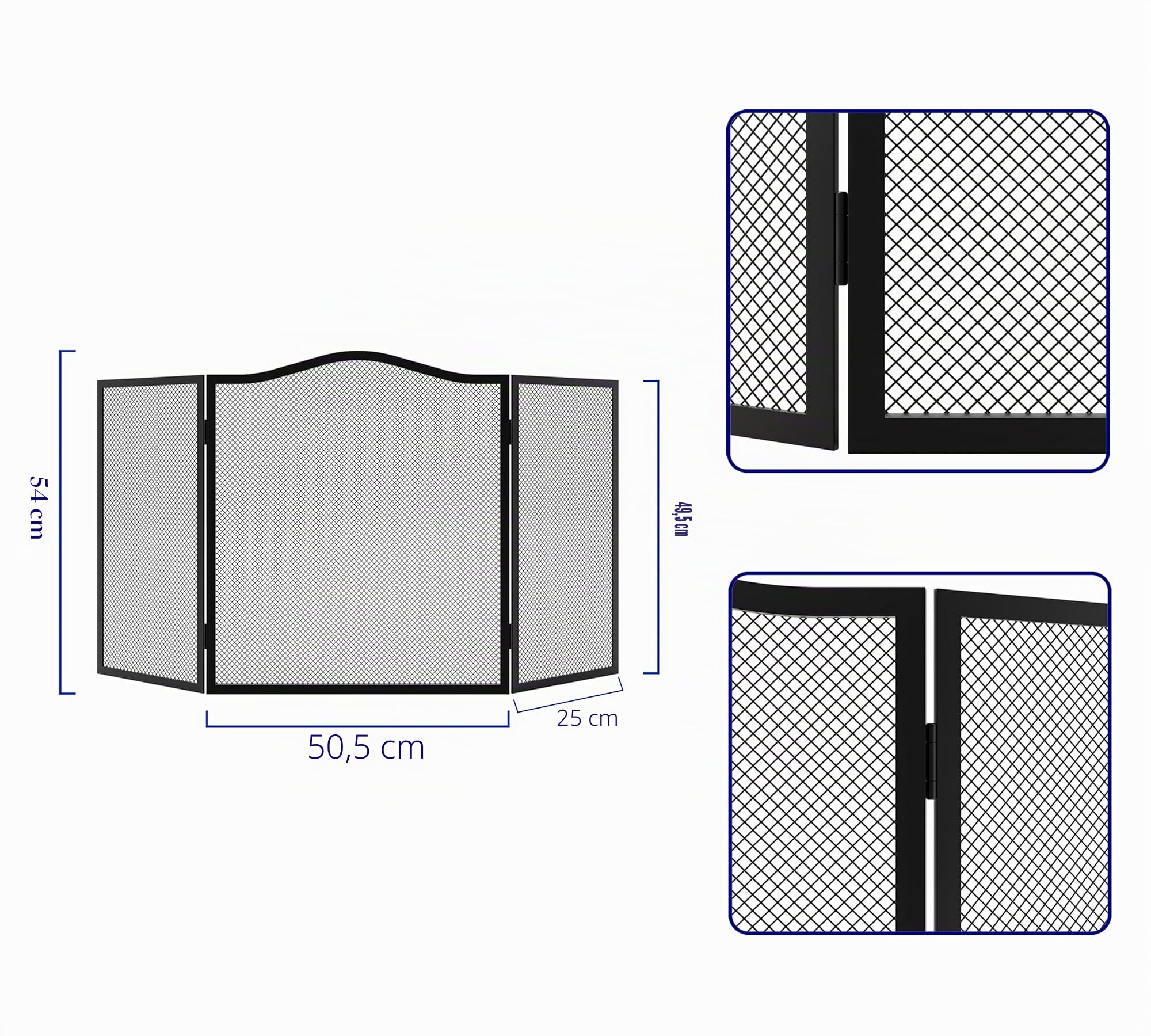 Funkenschutz, 3 Paneele, flacher Eisenschutz, Bogenoberseite, 102 cm L x 54 cm H, stabile Netzplatte für offenen Kamin, schwarz pulverbeschichtet