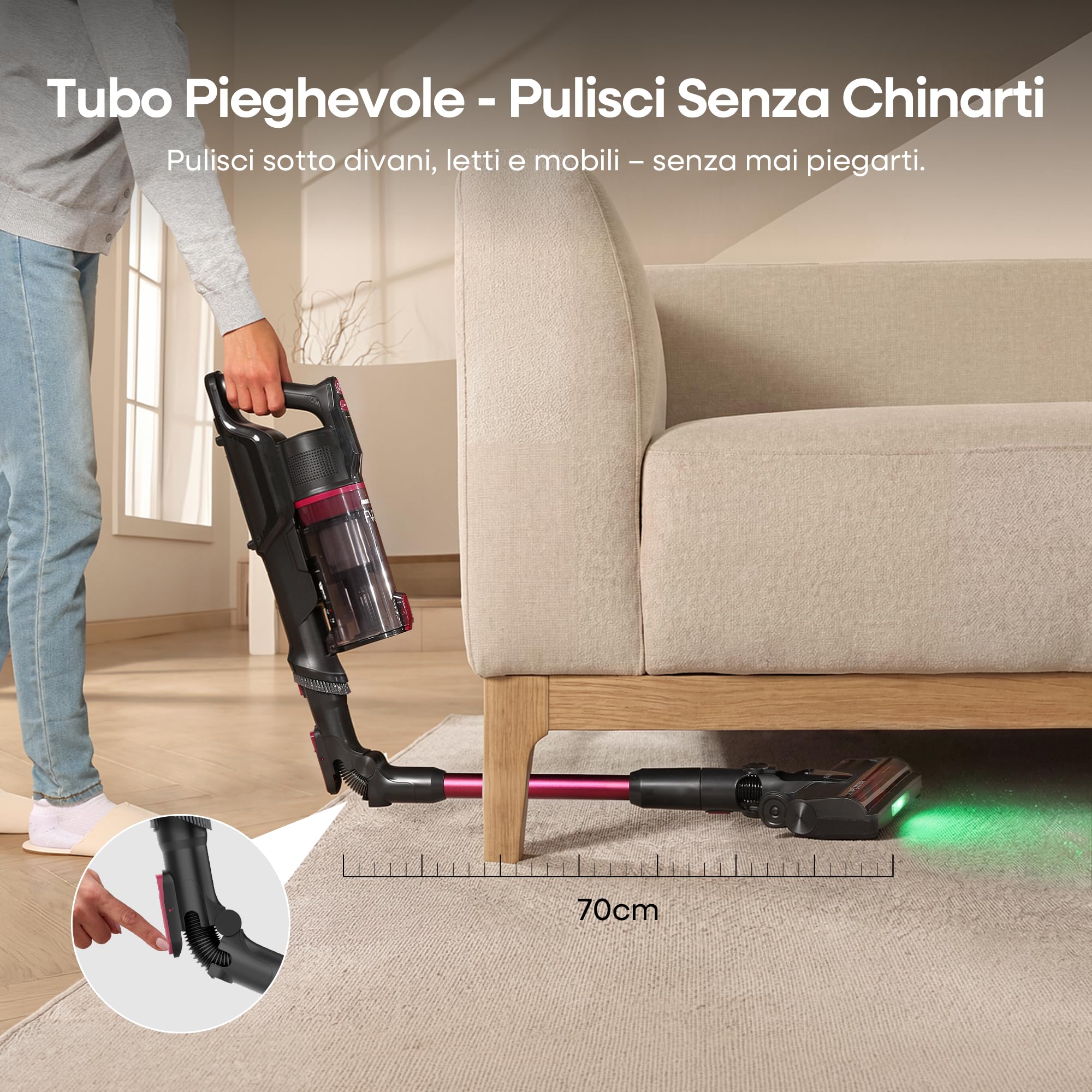 FAMIVAC FV3 Aspirapolvere senza Fili 60KPa/50Min/120㎡, Tubo Pieghevole, Autoportante con Spazzola Antigroviglio, Luce Verde, Scopa Elettrica Potente per Pavimento Duro/Moquette/Peli Animali/Auto