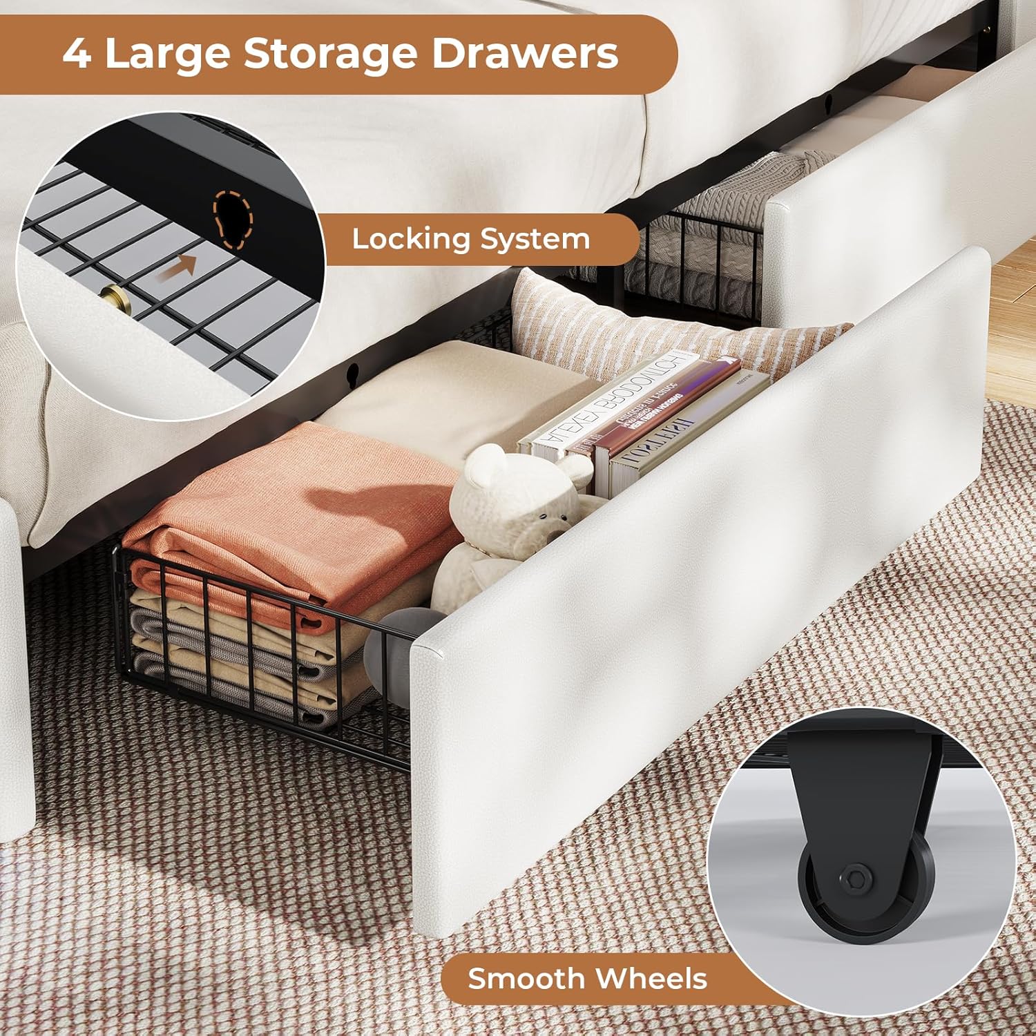 VIAGDO Full Size Bed Frame with Bookcase Headboard and Storage, Upholstered Platform Bed Frame Full Size with Charging Station, 4 Drawers and LED Lights, Heavy Duty, No Box Spring Needed, White