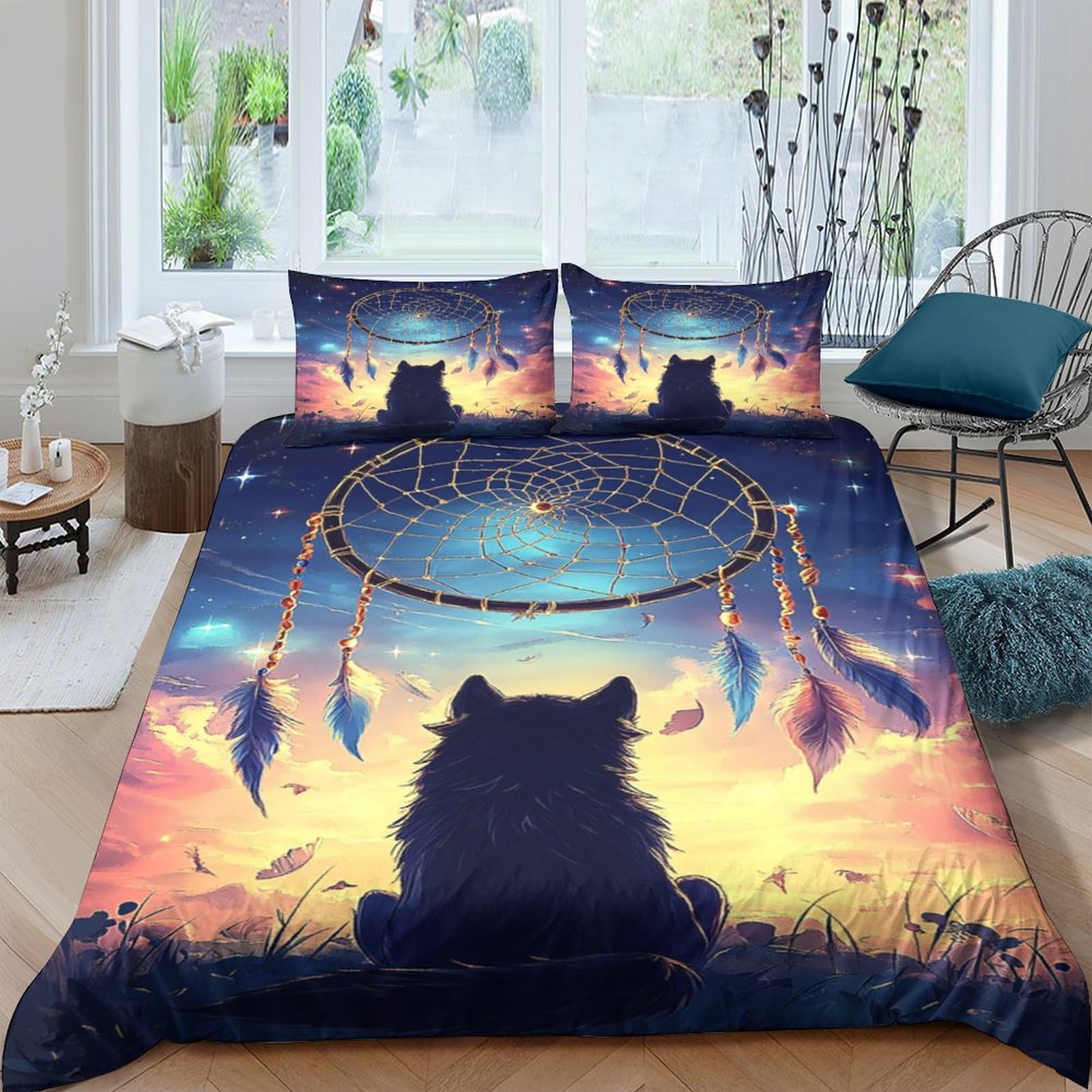 Ctjqhvkz Style-6 3D Printed Dreamcatcher Sunset Fitted Sheet Microfiber Soft Wolf Bed Cover For Adult Teen Bedroom Decor Protection Single（135X200cm）
