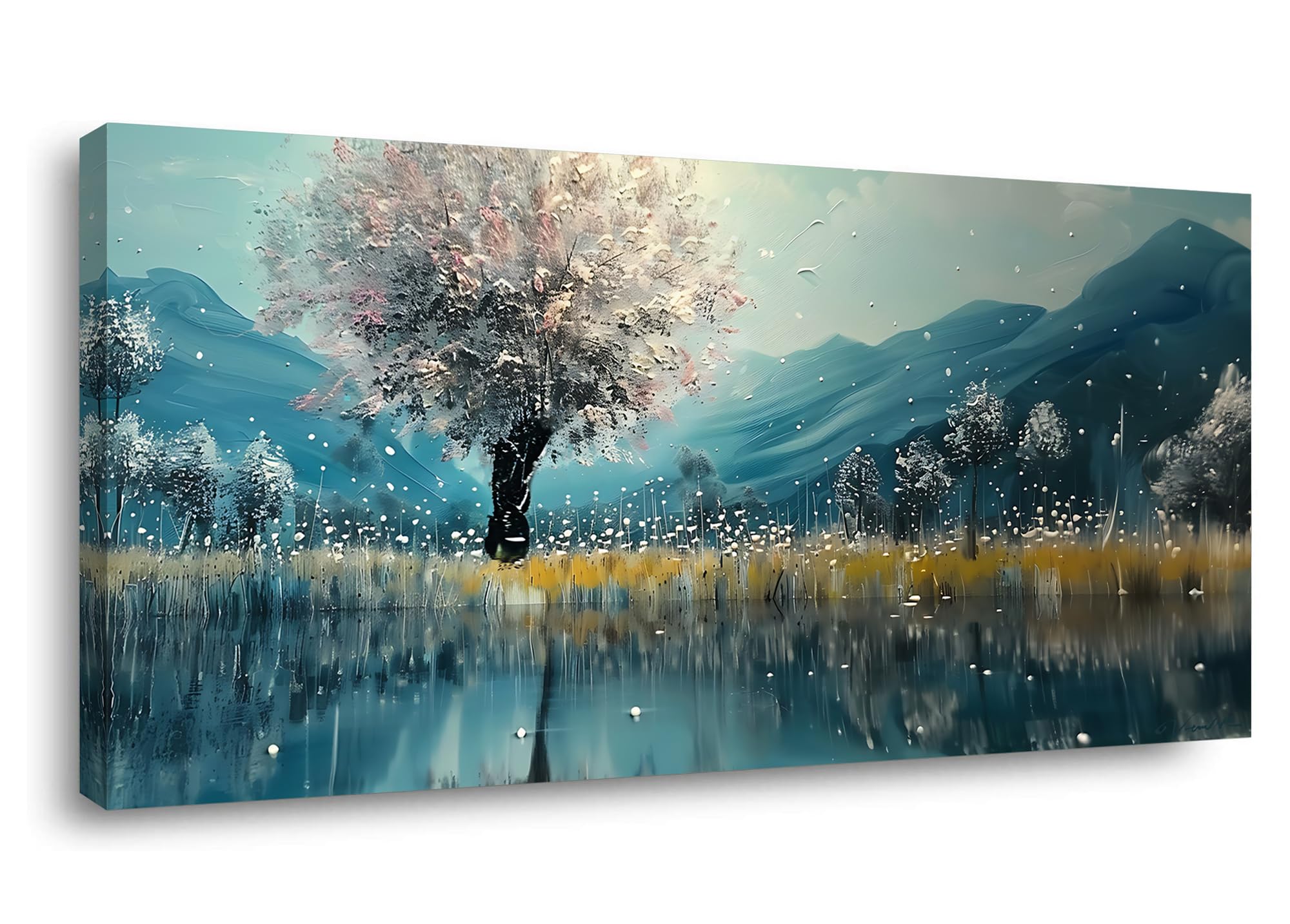 TEKMENT Pink Tree Wall art Mountain and Lake Boat Picture Nature Landscape Artwork Decor for Painting Framed Large Size for Living Room Bedroom Dinning Room Home Office Wall Decor Bedroom ( 20x40 Inches )