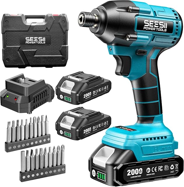 Seesii 21V Conducteur d'impact, tournevis électrique avec un couple maximal de 180N.m, 1/4" tournevis sans fil avec 2 Batteries 2.0Ah,2500RPM Vitesse variable,20 Boutons d'impact & Sac de transport