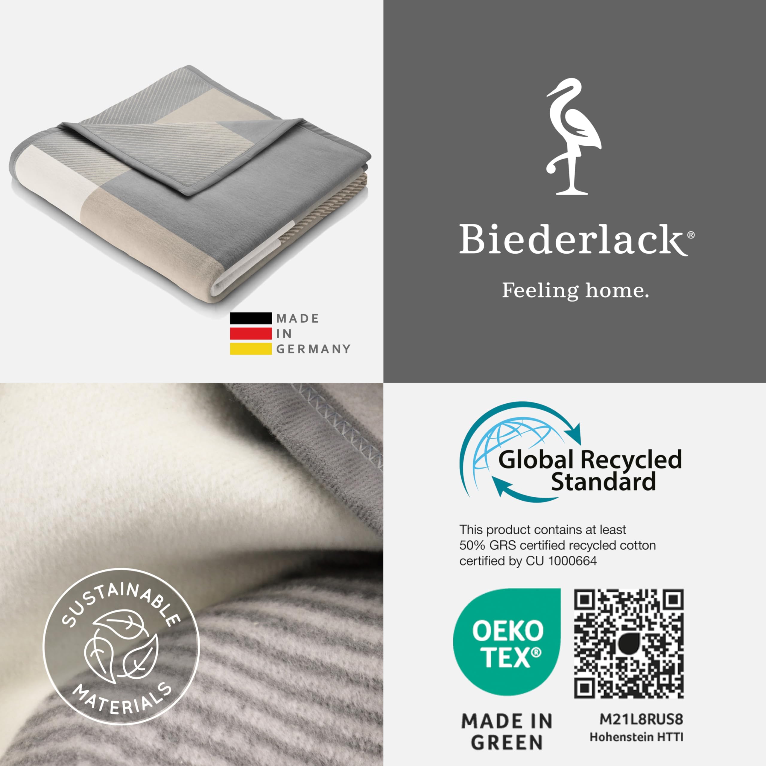 biederlack® weiche Kuscheldecke Across Beige, Sofadecke in 150x200 cm | Made in Germany, Wohndecke aus Baumwollmischgewebe, Couchdecke in grau-beige, karierte Tagesdecke, OEKO-TEX Made in Green