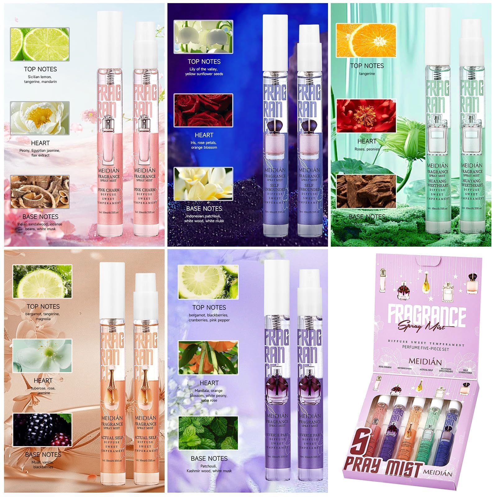 Mini Mist Coffret Cadeau Brume Corporelle Parfumée Pour Femme,Parfum Brume Cheveux et Corps Parfum floral frais(5x10ml)