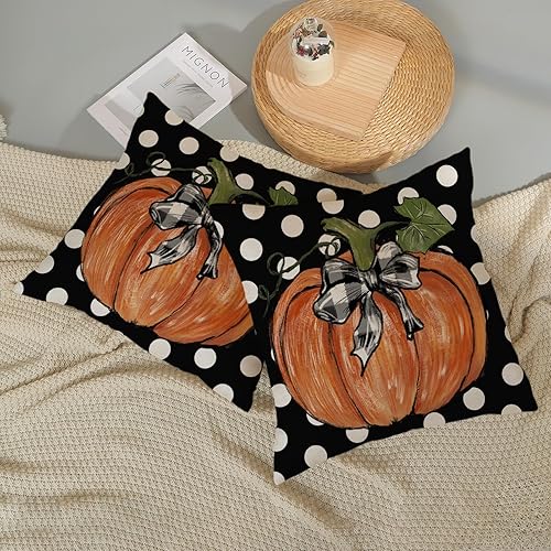 Miniatura 19 de Juego de 2 fundas de almohada de otoño de 18 x 18 pulgadas, hojas de arce de calabaza y búfalo a cuadros, decoración de otoño, de lino, Acción