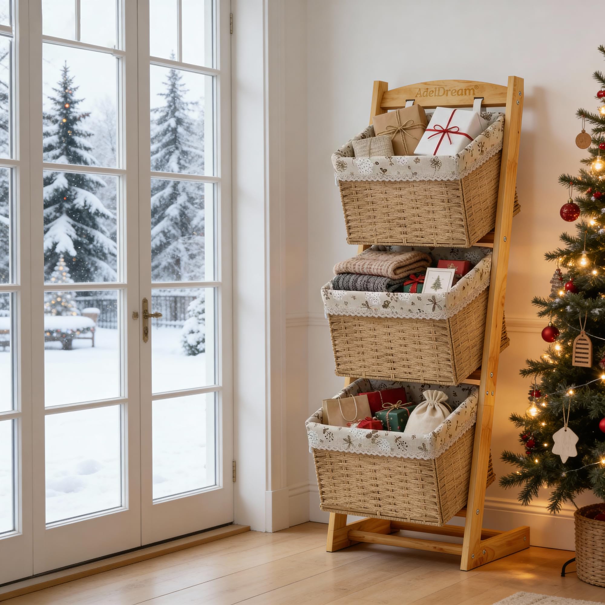 AdelDream Cesta de almacenamiento de madera maciza cesta de ratán estante de almacenamiento para el suelo sala de estar estante multifuncional estilo 2