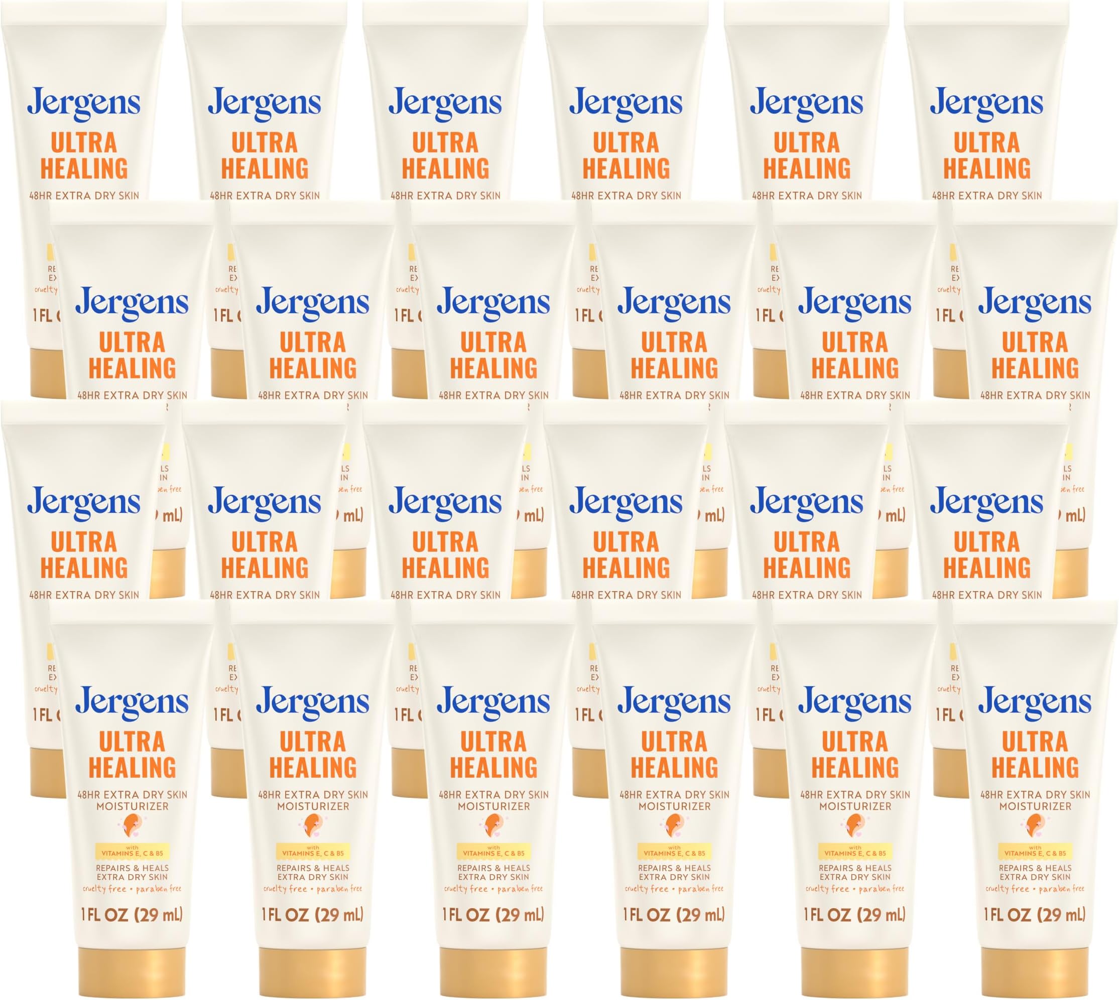Jergens Ultra Healing Dry Skin Moisturizer, Travel Size Body and Hand Lotion, for Extra Dry Skin, Use After Washing Hands, HYDRALUCENCE blend, Vitamins C, E, B5, 1 Fl Oz (Pack of 24)
