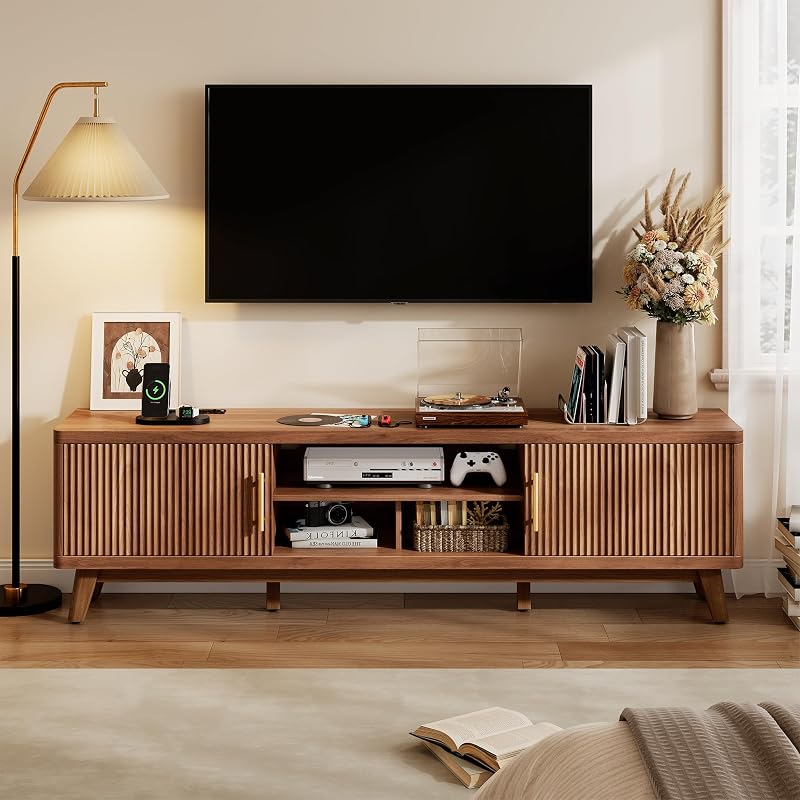 70" Mid Century Modern TV Stand, Fluted Entertainment Center TV Stand with Power Outlet, Reinforced 1.1'' Tabletop and 2 Soft Close Doors, Media Console for Living Room, Walnut image 3