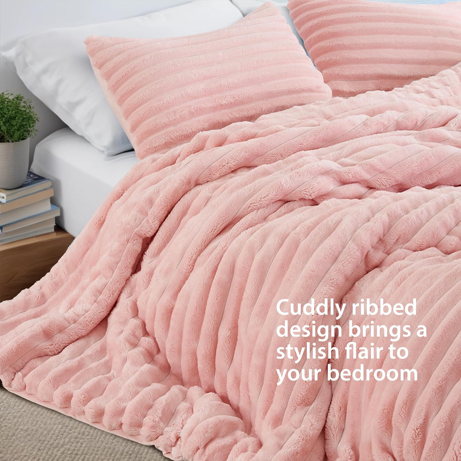 Cuddly Ribbed Fluffy Comforter Set Queen Size, Super-Soft Plush Fleece Bedding Set, Warm Fuzzy Comforter with Matching Shams, All-Season Cozy 3-Piece Bed Set, Blush Pink