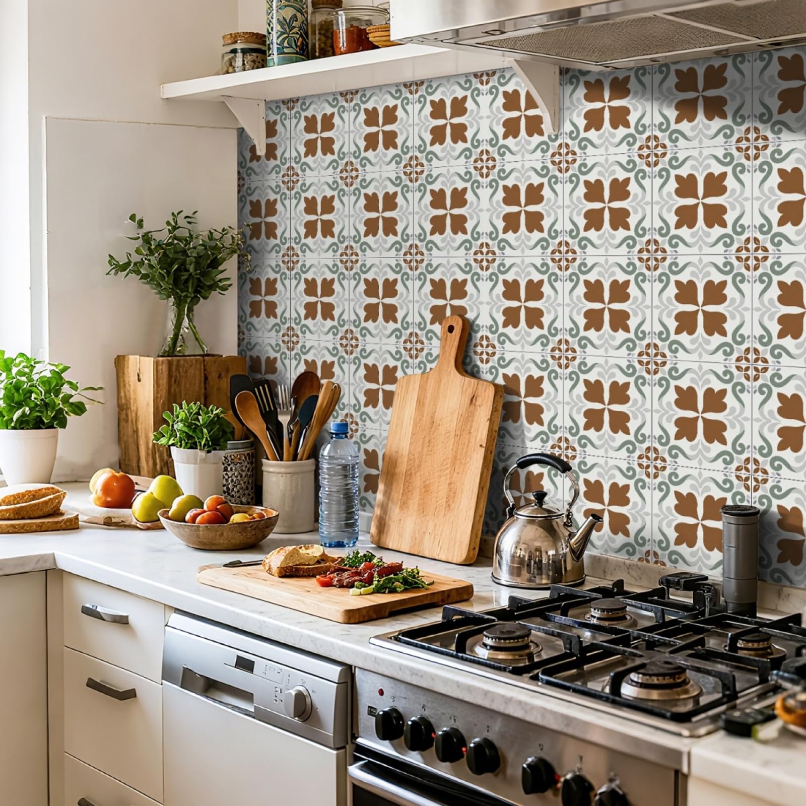 Tile Stickers Brown Green Stick on Kitchen Tiles Self Adhesive Wall Tiles PVC Peel and Stick Tile Covers Transfers Oil-Proof Kitchen Splashbacks for Walls Removable 20x20cm/24 Pcs