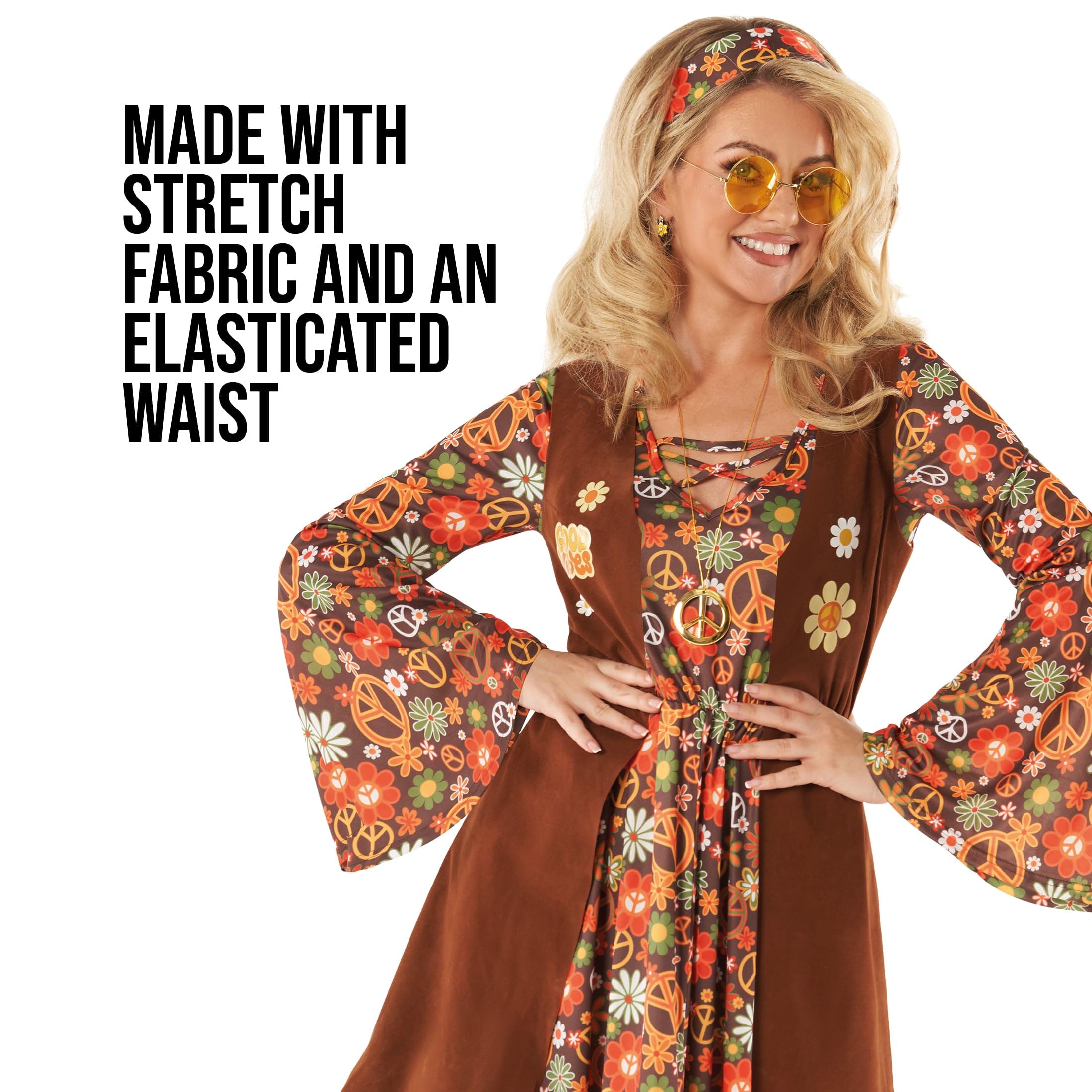 Morph Hippie Kostüm Damen, 70er Jahre Outfit Damen, 70er Jahre Bekleidung, Hippie Kleid, Schlagermove Outfit Frauen, Karneval Kostum Frauen, Fasching