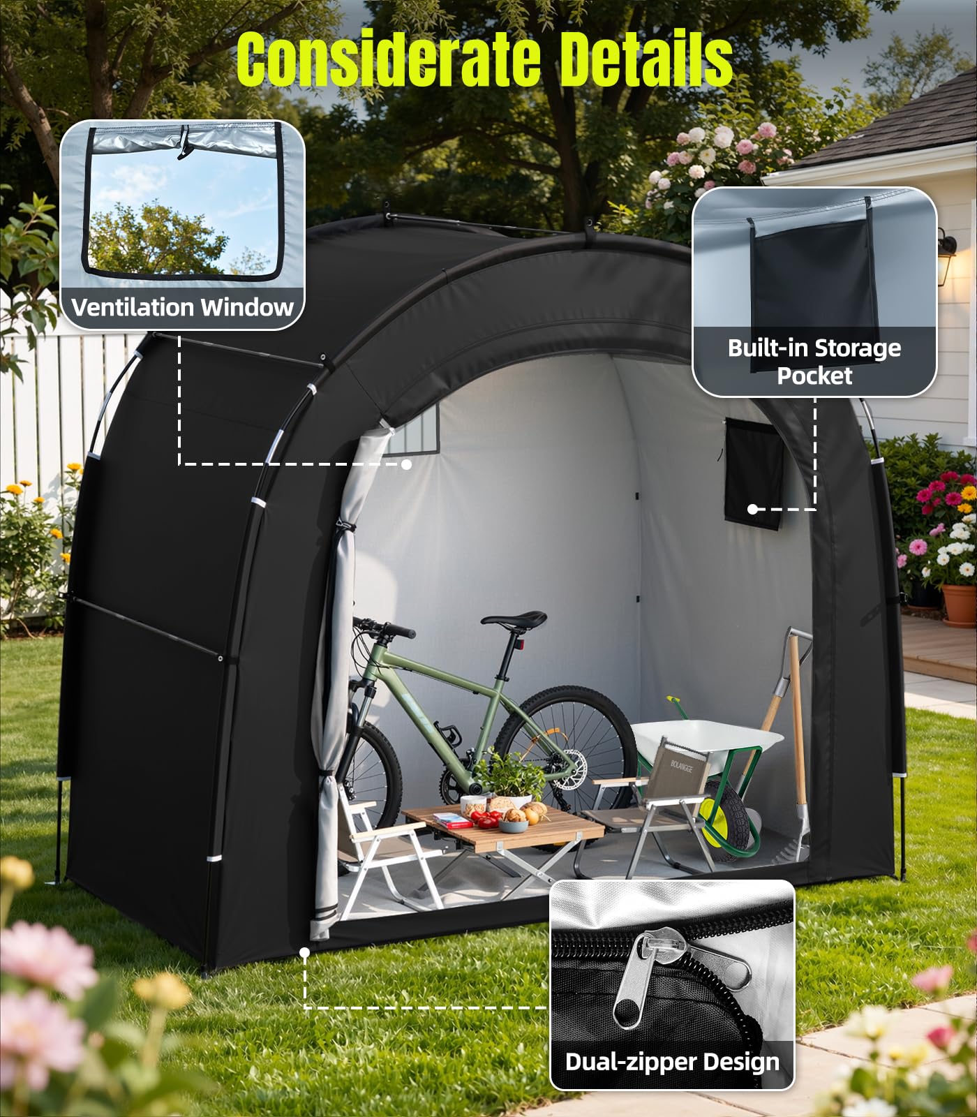 Housolution Tenda Di Stoccaggio per 5 Biciclette con Finestra Ventilata | Copertura Portatile all'Aperto 210D Oxford Spessa PU4000 Impermeabile, Adatta per Biciclette, Tosaerba, Attrezzi da Giardino