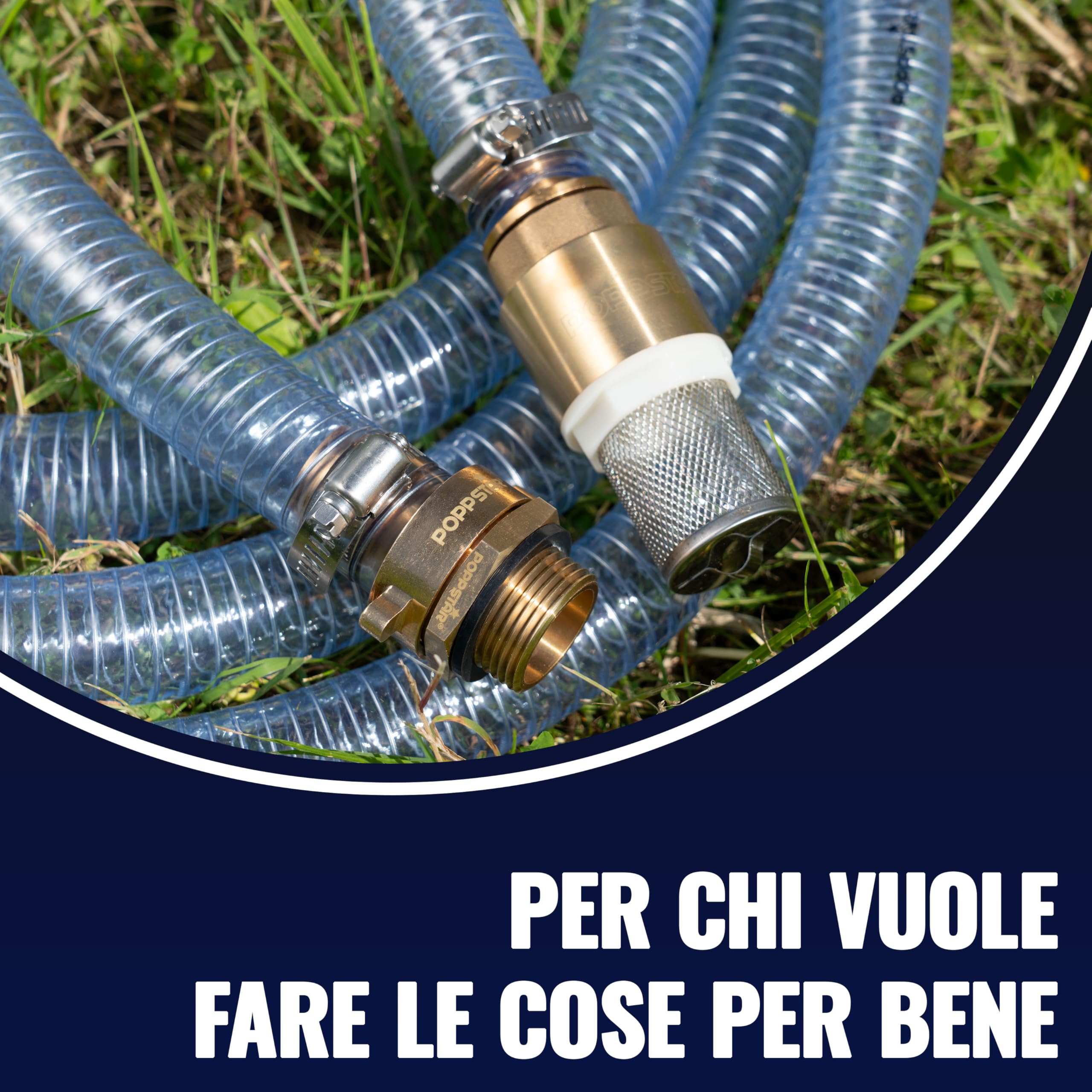 Tubo di aspirazione 1" 7m, diam. int./est. 25mm/33mm, spess. parete 4mm, incl. cestello aspirazione inox valvola ritegno, dado raccordo diam. int. 1 1/4" (41,9mm), riduttore diam. est. 1" (33,3mm)