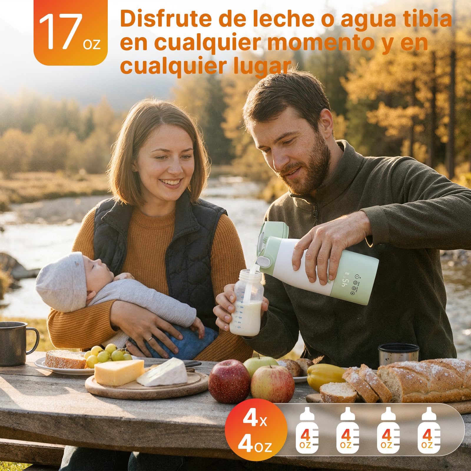 Calentador de Biberones Portátil 500ml, JDZ Calentador de Agua Recargable Sin Cables con Control de Temperatura, Aislamiento Térmico, Ideal para Viaje, Camping y Salidas con Bebé (Verde)