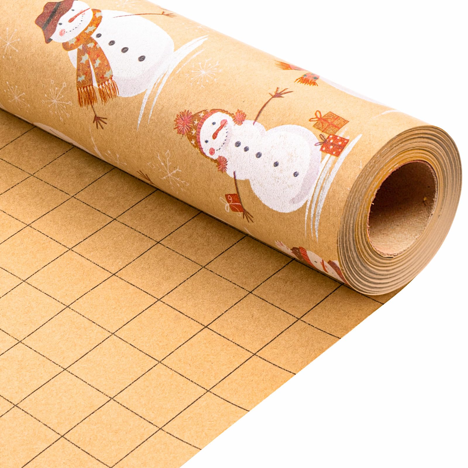 MAYPLUSS Kraft Christmas Wrapping Paper Roll, Cute Snowman Wrapping Paper, Recyclable Cheerful Snowmen Warm Festive Holiday Gift Wrap for Winter Present Packaging (Mini Roll, 17 Inch X 33 Feet) โ image 1