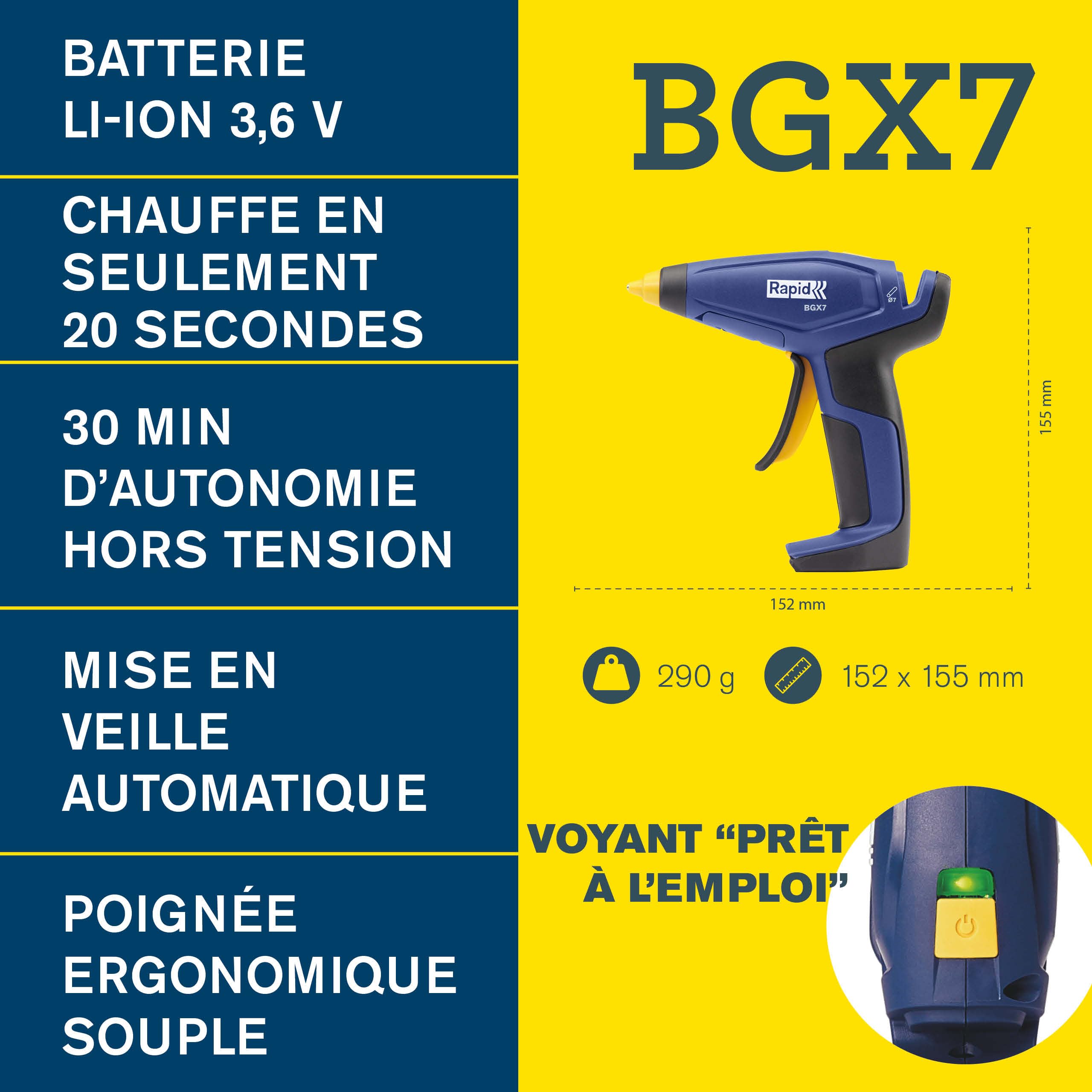 Pistolet à colle chaude sans fil Rapid BGX7 7mm, chauffe en 20s, rechargeable par USB avec une autonomie de 30 min, idéal pour les loisirs créatifs, les réparations DIY et les projets domestiques