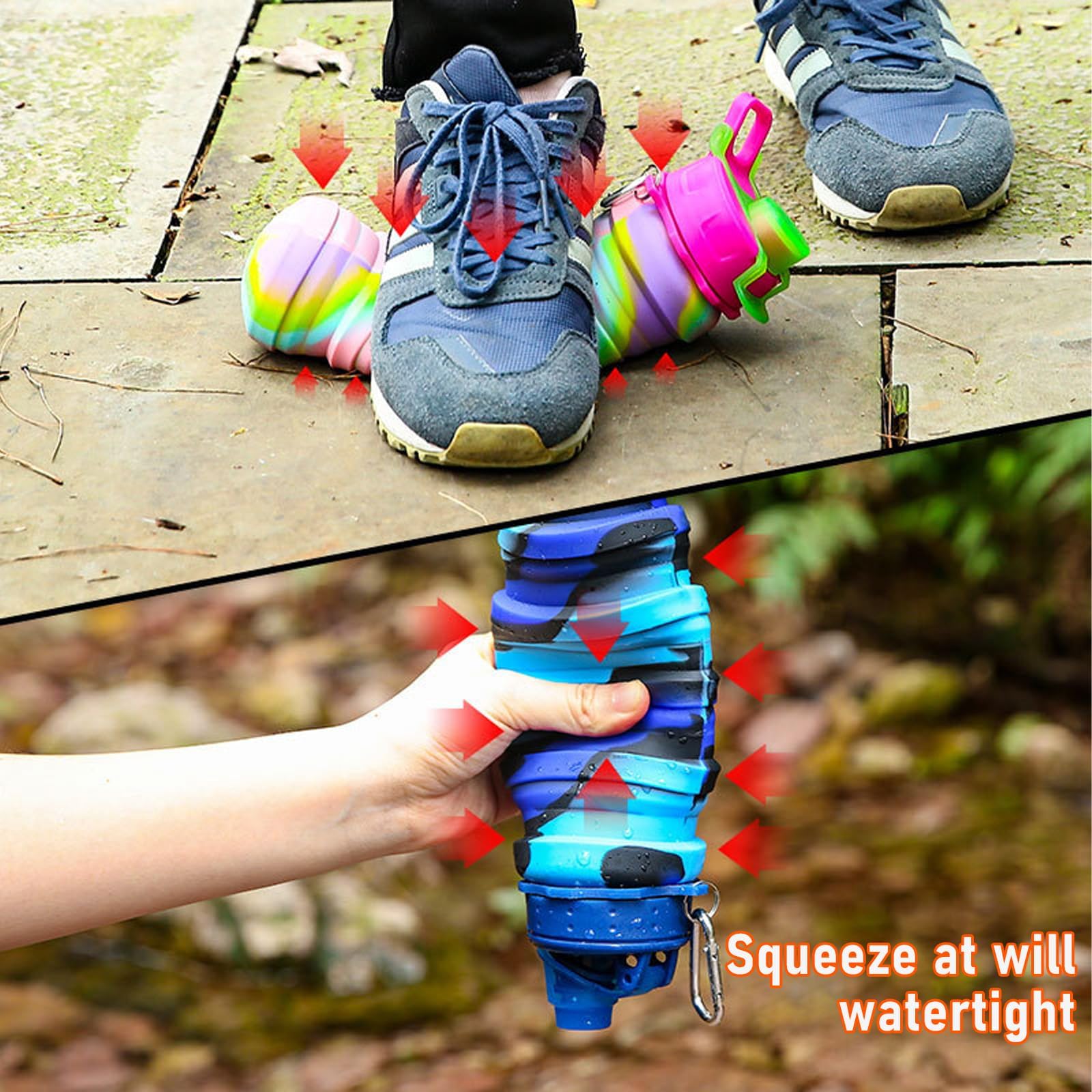 Faltbare Wasserflaschen, Silikon, faltbar, mit Karabiner, tragbar, auslaufsicher, BPA-frei, zum Anklippen, wiederverwendbar, Reiseflasche für Camping, Wandern, Radfahren, Outdoor-Sport, 12 Stück