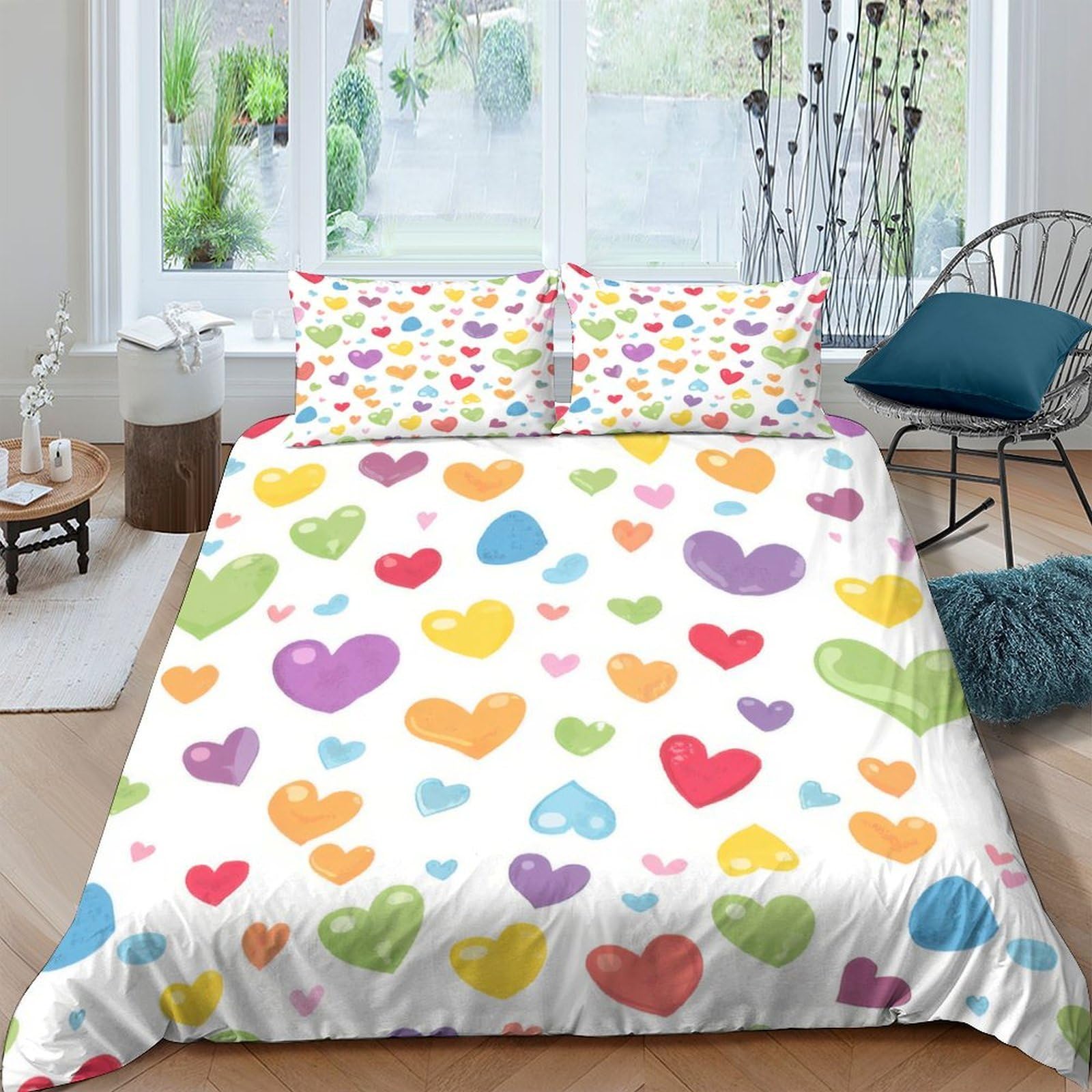 XFKLYNVCJ 3D Printed Colorful hearts pattern Duvet Cover Microfiber Watercolor style Quilt Cover Soft Breathable Easy Care for Student Dormitory University Accommodation Daily Use Single（135x200cm）