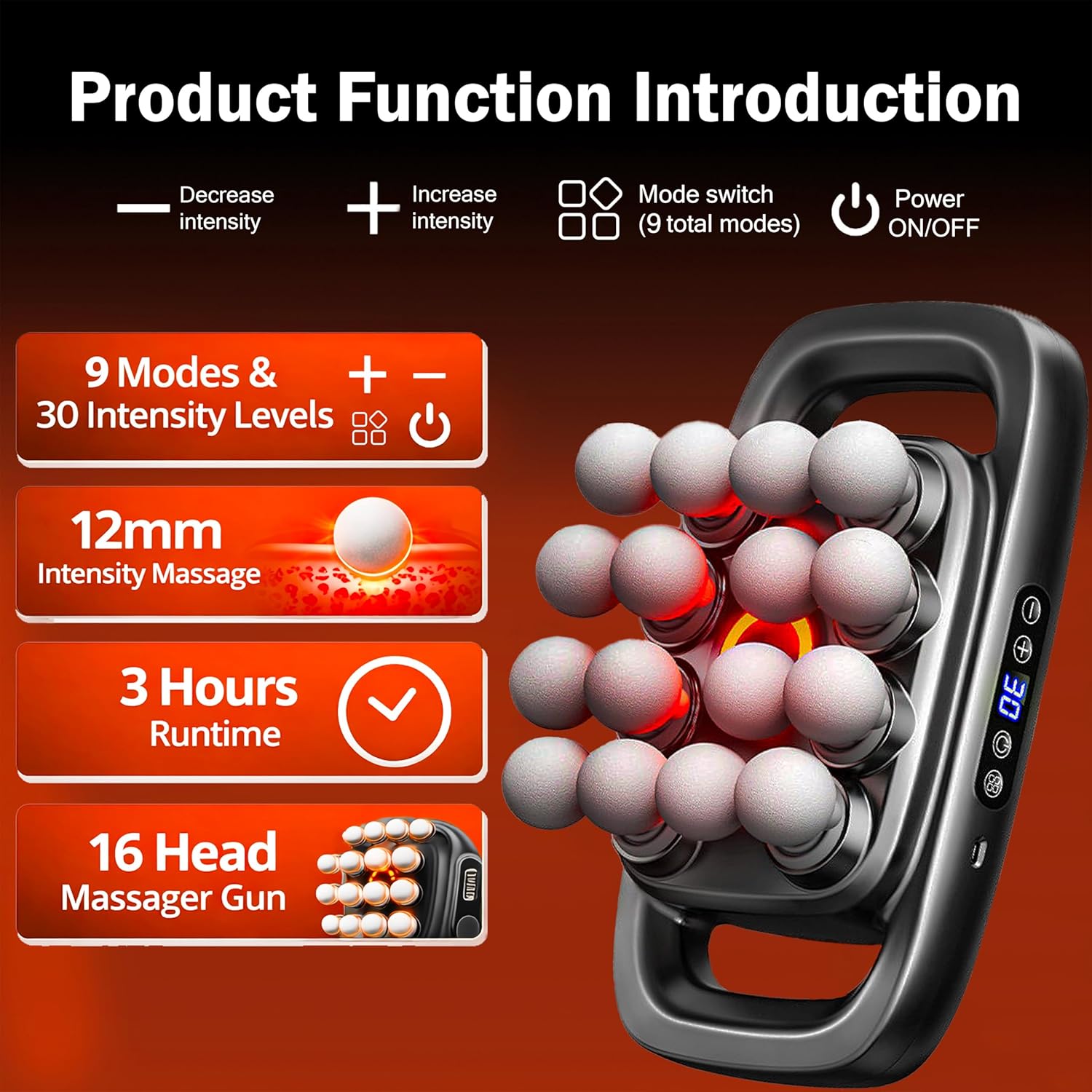 16-Head Massage Gun Set, Deep Tissue Percussion Massager with 3 Modes & 30 Intensities,Quiet Muscle Massage Gun for Back,Shoulders, Legs, Foot, Body Muscle Pain Relief - Image 6