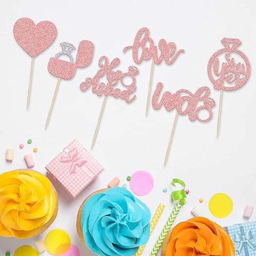 Miniatura 10 de 24 adornos para cupcakes con purpurina negra con texto en inglés He Asked She Said Yes, Love I Do, anillo de corazón, para despedida de soltera,