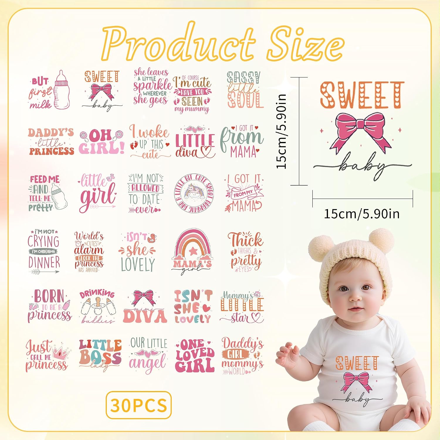 30 Sheets Baby Girl Iron on Transfers for Onesies, Pink DTF Transfers Ready to Press Heat Transfer Vinyl, Iron on Decals Patches for Bodysuit Bibs Baby Shower Clothes DIY Crafts