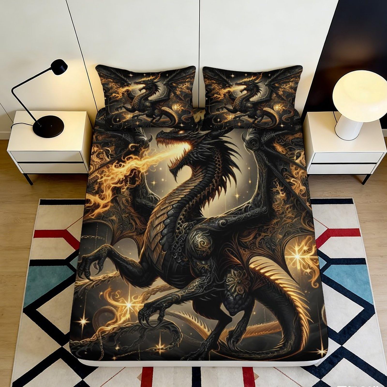 3D Printed Fire Dragon Fitted Sheet Microfiber Black Gold Fantasy Mattress Cover for Bedroom Dorm Decor 160x200x25cm