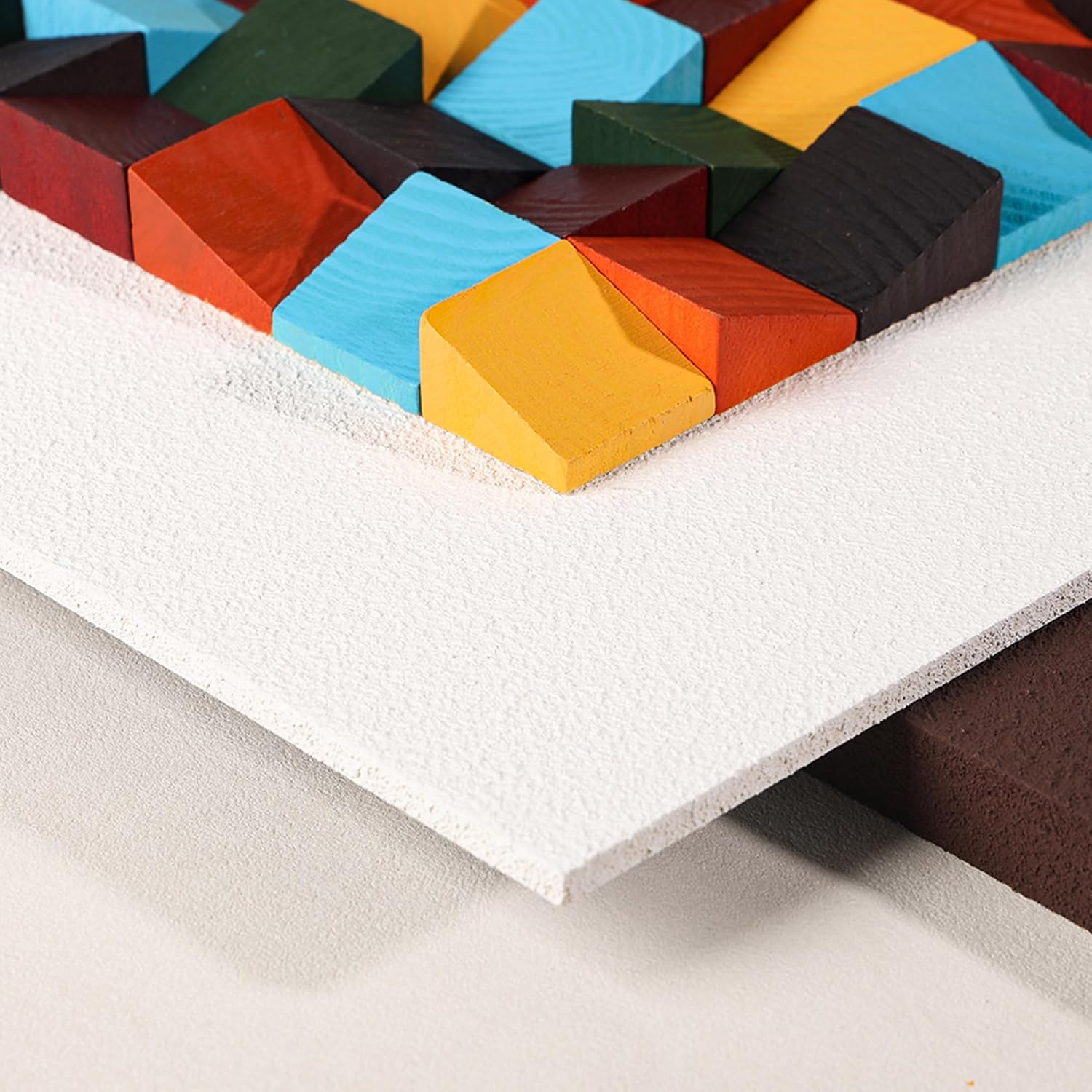 AMAATE 24×36 Inch 3D Textured Wooden Wall Art, Colorful Geometric Wood Blocks Abstract Relief Sandstone Wall Decor for Living Room Bedroom, Framed Artwork