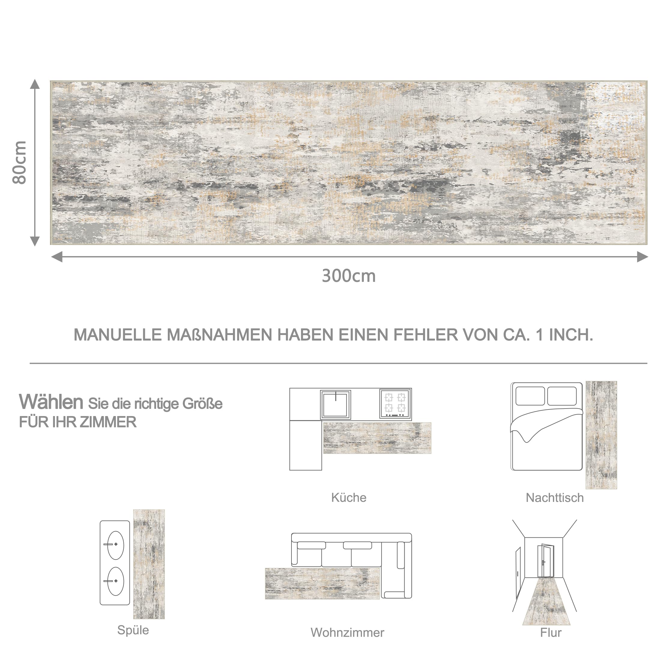 Capslpad Szary złocisty abstrakcyjny dywan 80x300 cm, dywan do przedpokoju, zmywalny dywan kuchenny, antypoślizgowy dywan z krótkim runem, nowoczesny minimalistyczny dywan z sztucznej wełny do salonu