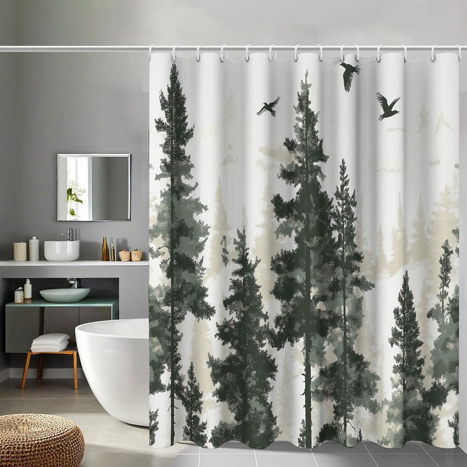 Rideau de douche 180x200 forêt et animaux en polyester blanc pour baignoire nature
