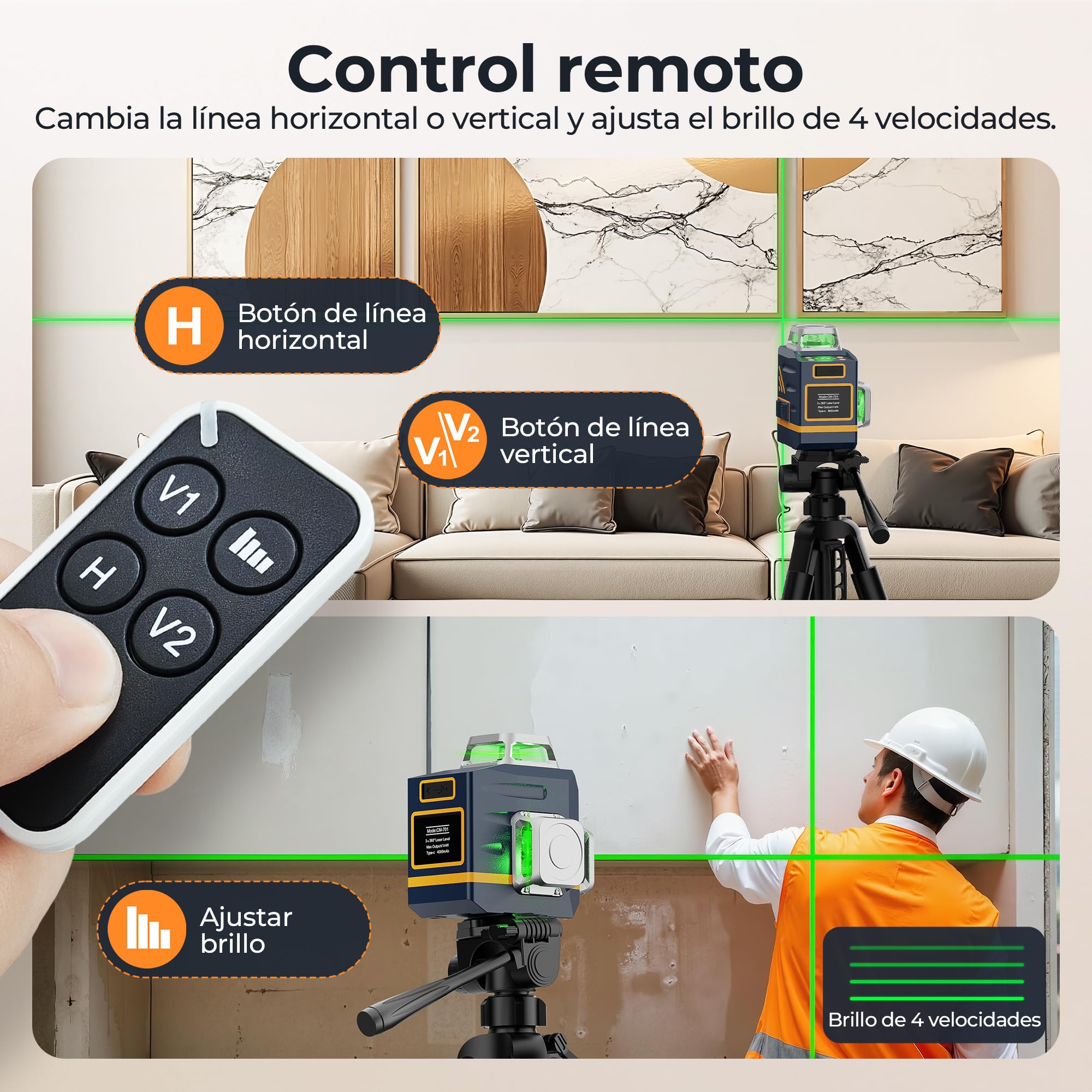 CIGMAN CM701 Nivel Láser de Línea, Autonivelante 360 Grados, 3x360°, 3D Nivelador, 30M Alcance, Con Control Remoto, Doble Soporte, Estuche acolchado, Batería Recargable, IP54