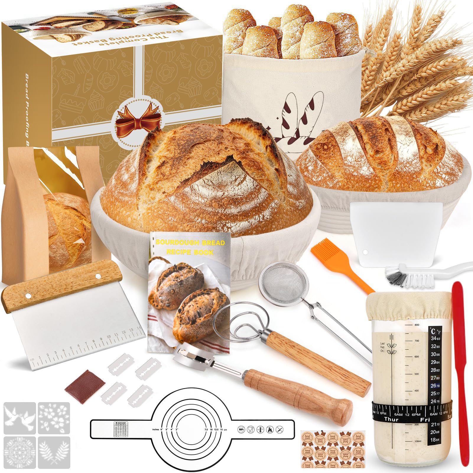 Zestaw koszyków do garowania z 2 naturalnymi rattanowymi koszami do fermentacji (23 cm okrągły i owalny 25 cm), zestaw startowy do pieczenia chleba, kompletny zestaw do pieczenia chleba dla