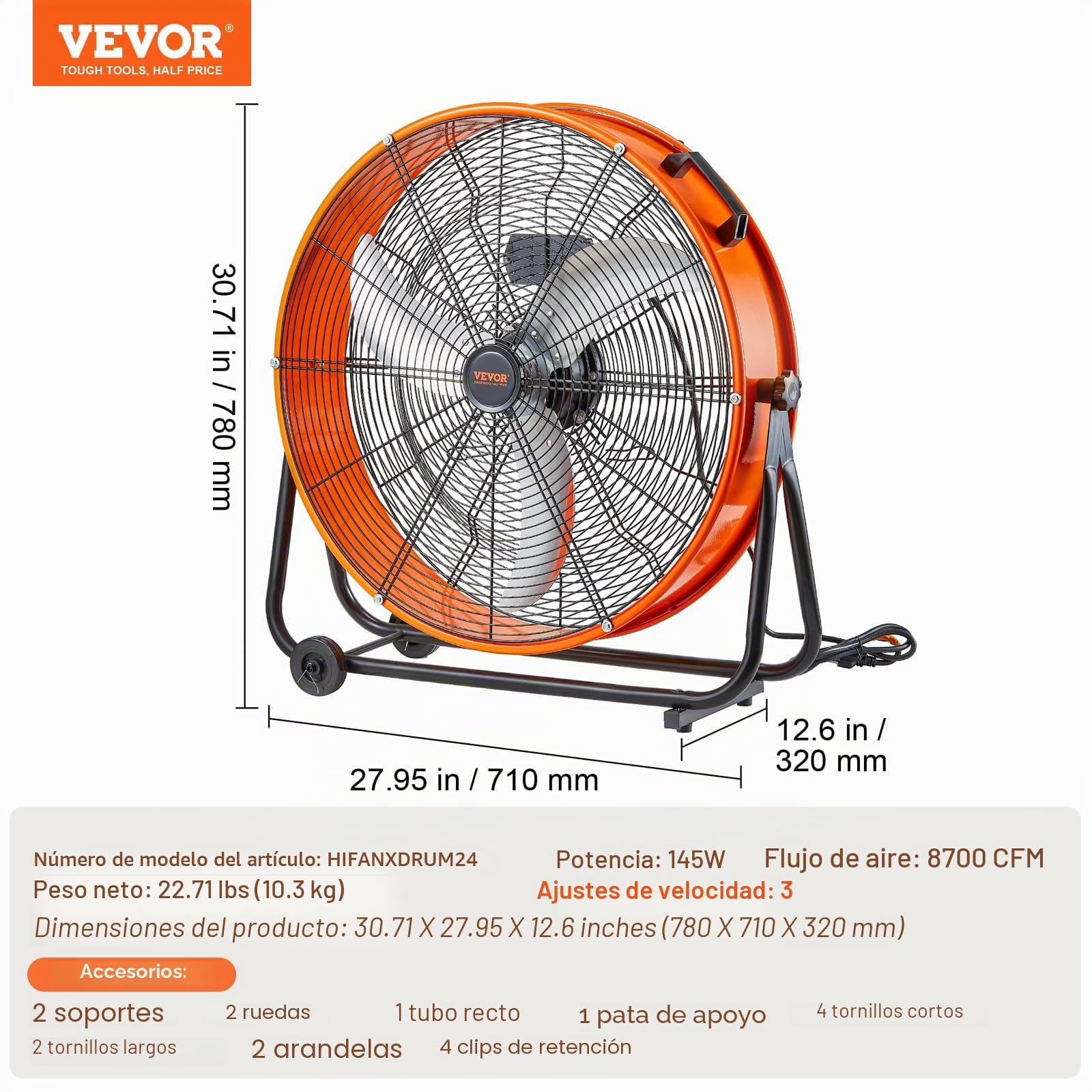 VEVOR Ventilador de Tambor Industrial de Alta Velocidad, para Uso Comercial de Alta Resistencia, 3 Velocidades, 8600 CFM, con Inclinación Ajustable de 360° para Almacén, Taller, 780 x 710 x 320 mm