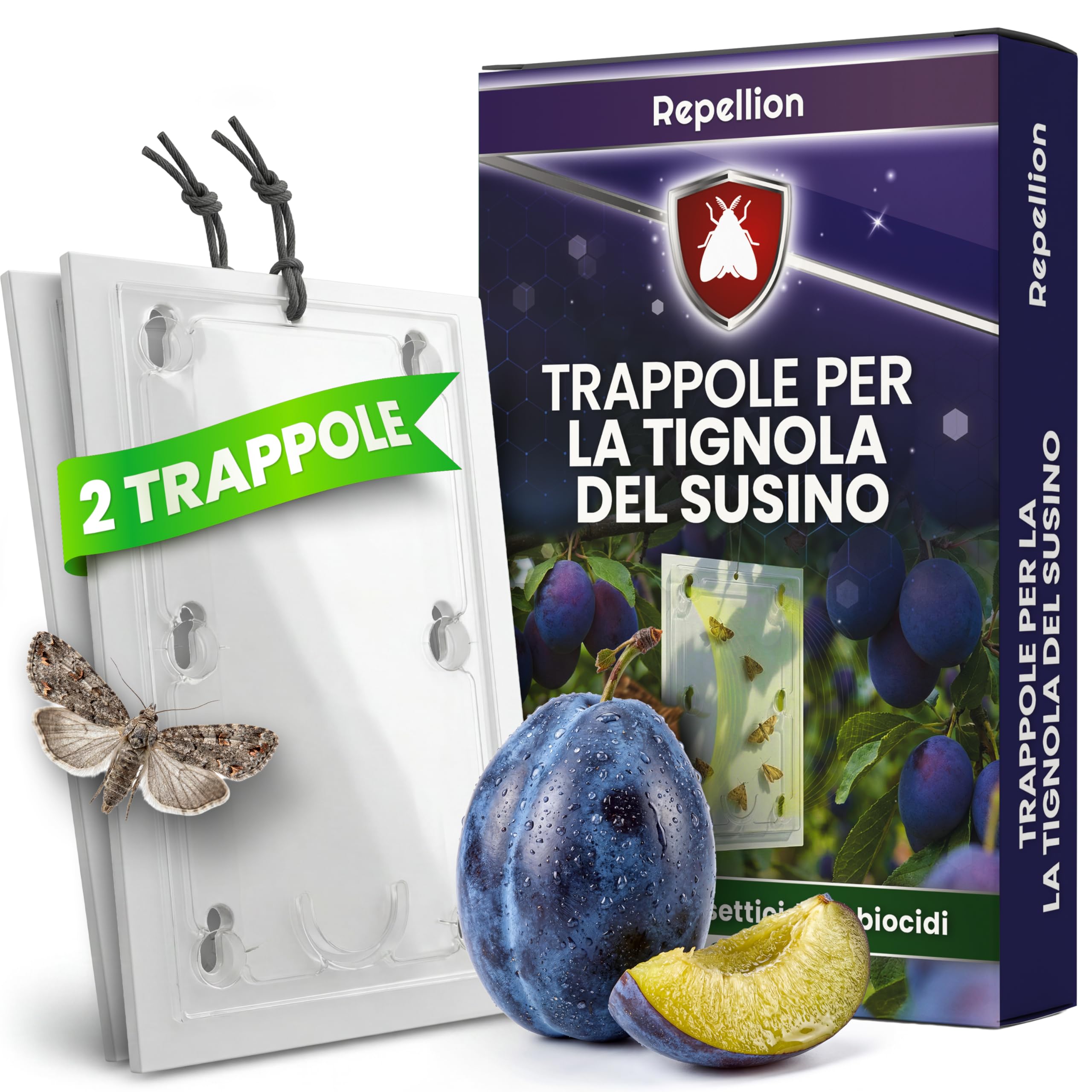Trappola per prugne – Set di 2 trappole per prugne e alberi di prugne – Trappola per feromoni contro le mosse della frutta – Atossica e bioconforme – Combatte efficacemente l'avvolgitore