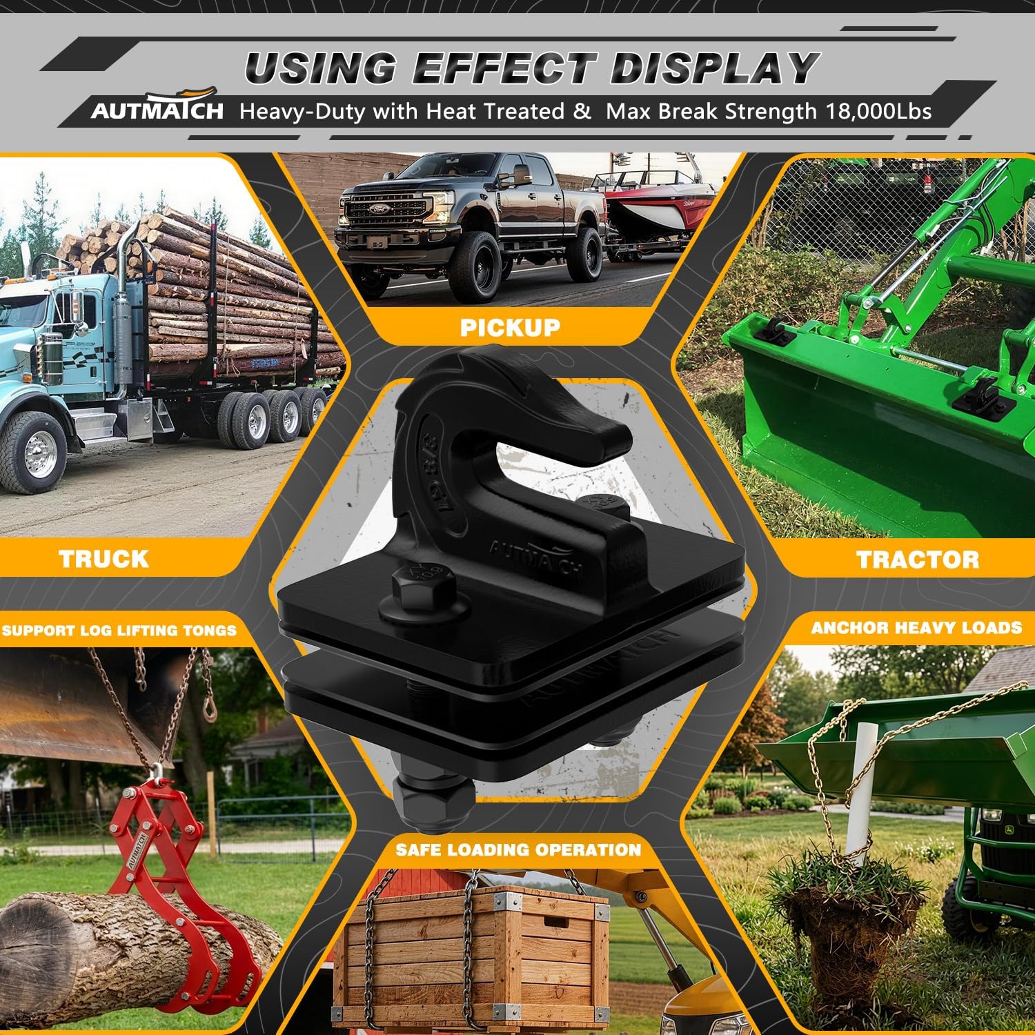 AUTMATCH Tractor Bucket Grab Hook 3/8" - Grade 70 Forged Steel Bolt On Grab Hook (2 Pack) - Max 18,000Lbs Tow Hook Mount with Backer Plate & Rubber Pad, Work for Tractor Bucket, Truck, RV, Matte Black
