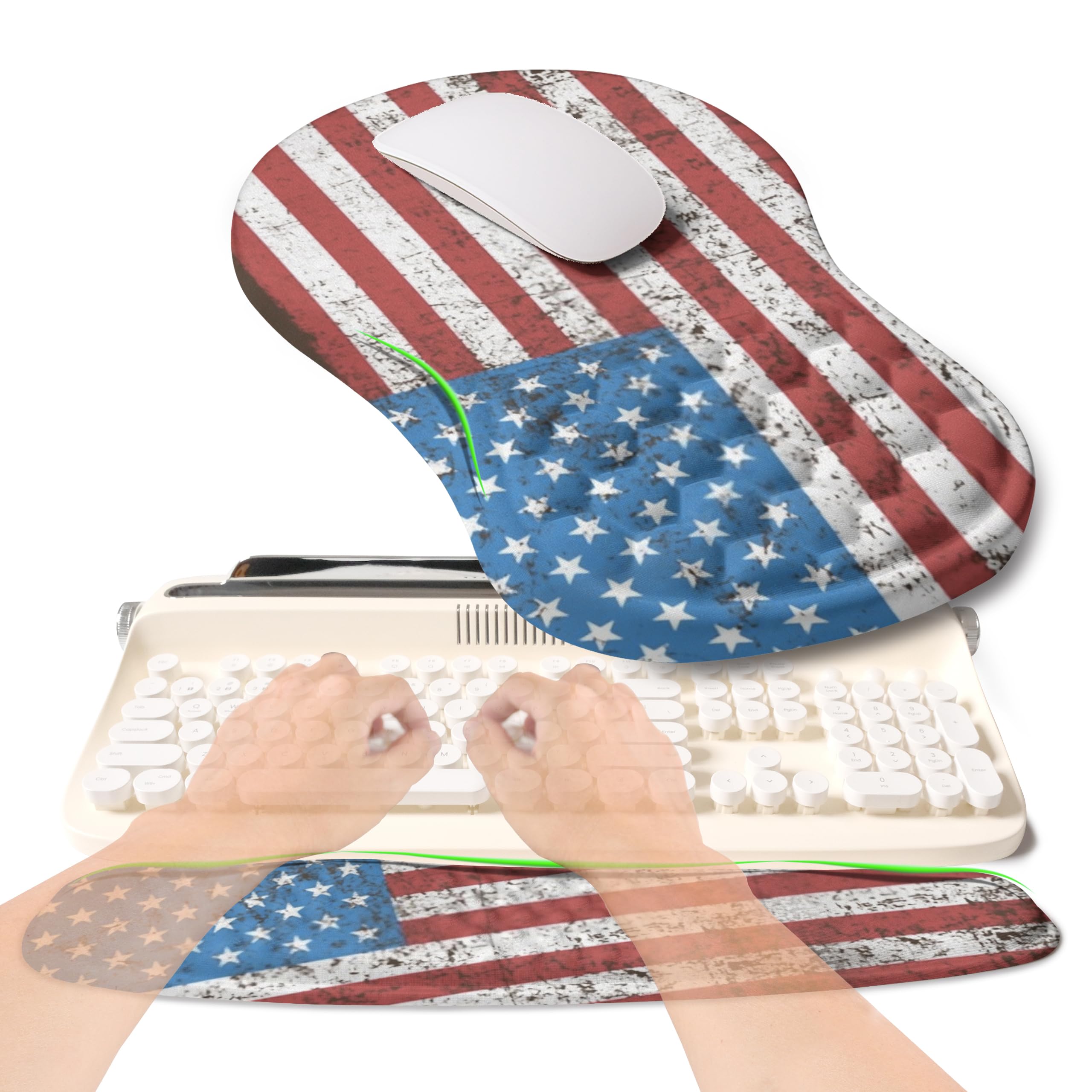 Set ergonomico 2 in 1, poggiapolsi per tastiera Wave Rise e tappetino per mouse con supporto per il polso, cuscino in memory foam integrato per alleviare il dolore al polso, bandiera americana