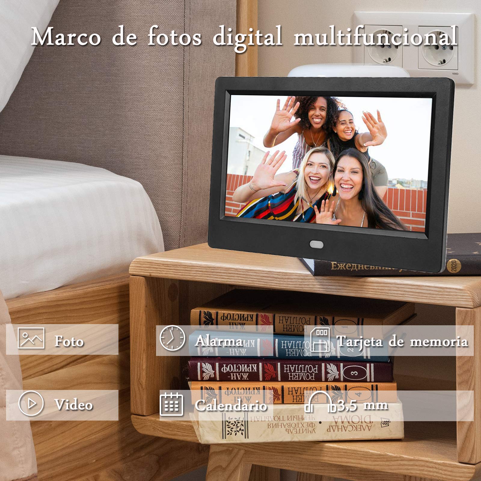 Yunir Marco de Fotos Digital, 1024 x 600 Pantalla LED de 7 "HD Alarma de Marco de Fotos eléctrico con función de música/Video/Libro electrónico/Reloj/Calendario(EU Plug)