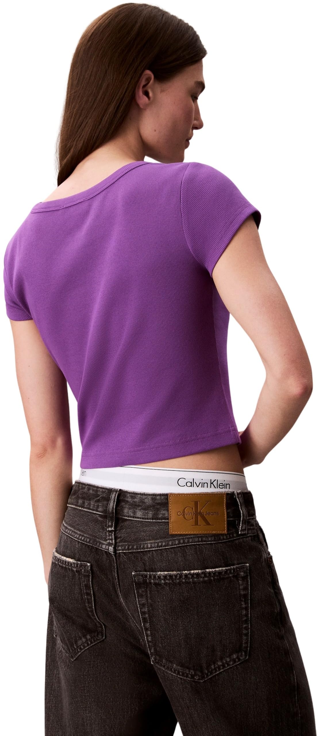 Calvin Klein Damen T-Shirt Kurzarm Woven Rib Baby Tee Cropped, Violett (Smokey Shadow), S – Ansicht 2