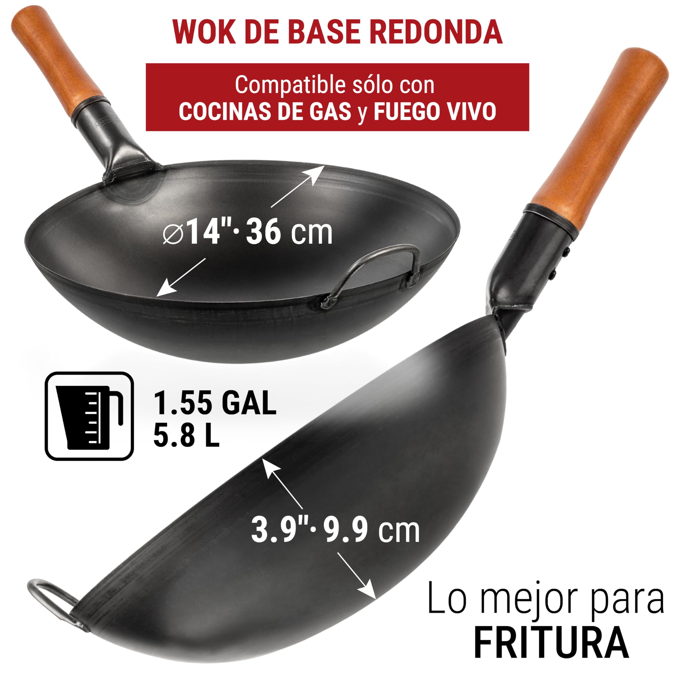 YOSUKATA Wok de acero al carbono de 14 pulgadas con fondo redondo – Wok Pow pre-sazonado para freír – Sartén tradicional china japonesa de acero negro – Utensilios de cocina al aire libre para estufas
