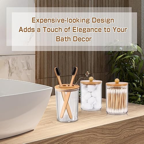 Miniatura 6 de ALPIRIRAL Juego de accesorios de baño de bambú, 5 piezas, juegos de accesorios de baño bohemios completos, dispensador de jabón de baño transparente