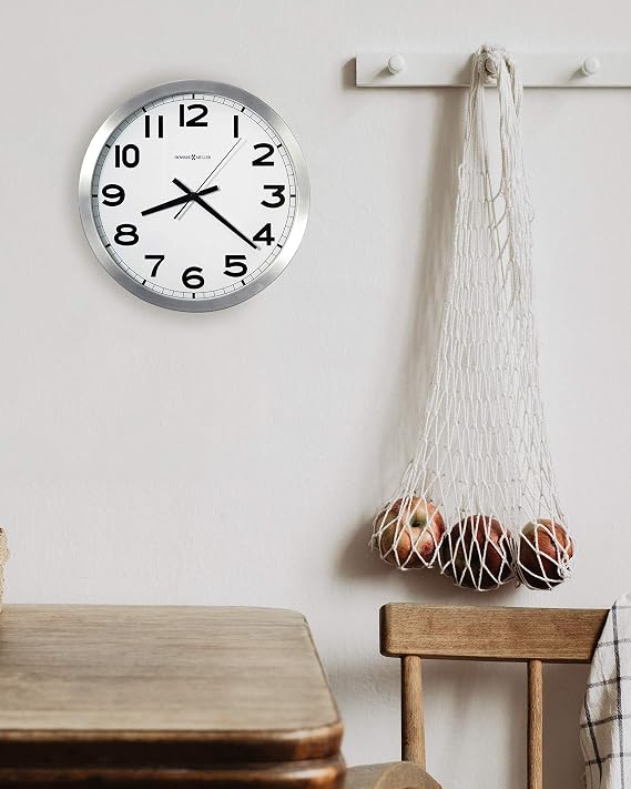 Howard Miller Spokane Modern Wall Clock Brushed Aluminum Frame, White Dial, Silent Quartz Movement, Battery Operated, Bold Black Numerals