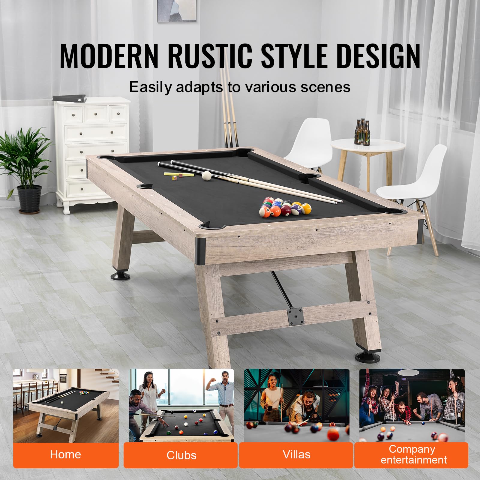 VEVOR Table de Billard 213,4 cm, Kit de Billard Pieds Réglables, Ensemble d'Accessoires Complets avec Balles, Queues, Craies et Brosse, Couleur Bois avec Tissu Noir, pour Domicile, Club, Café-Bar