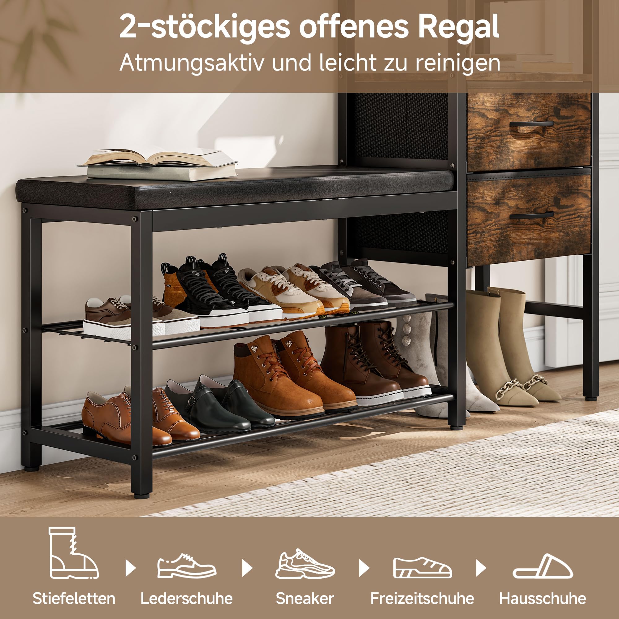 Gyfimoie Schuhschrank mit Sitzgelegenheit und Schublade, 2 Ebenen Schuhregal, Metallrahmen für Eingang Flur