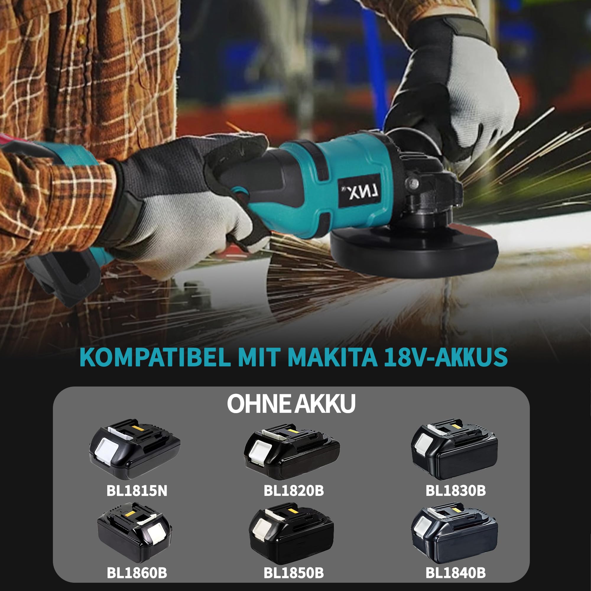 Akku-Winkelschleifer 125 mm, Akku Flex für Makita LXT-18V Akku, 8500U/min, 3 Geschwindigkeiten, Akku-Schleifer mit Rutschfester Griff, zum Schleifen, Schneiden und Polieren (Ohne Akku)