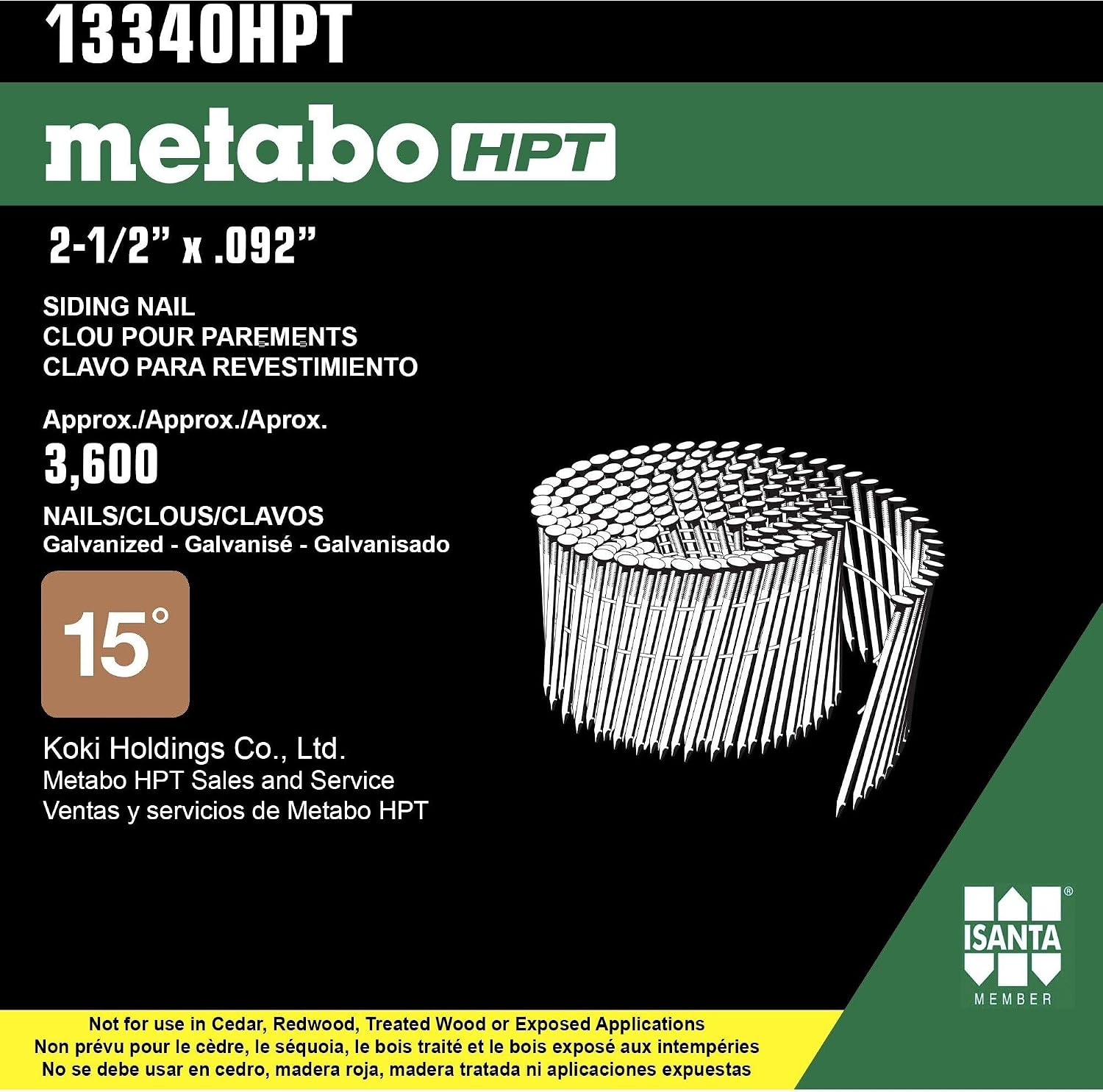 Metabo HPT 13340HPT 2-1/2" x 0.092" Electro Galvanized Ring Shank Wire Coil Siding Nails 3600 count