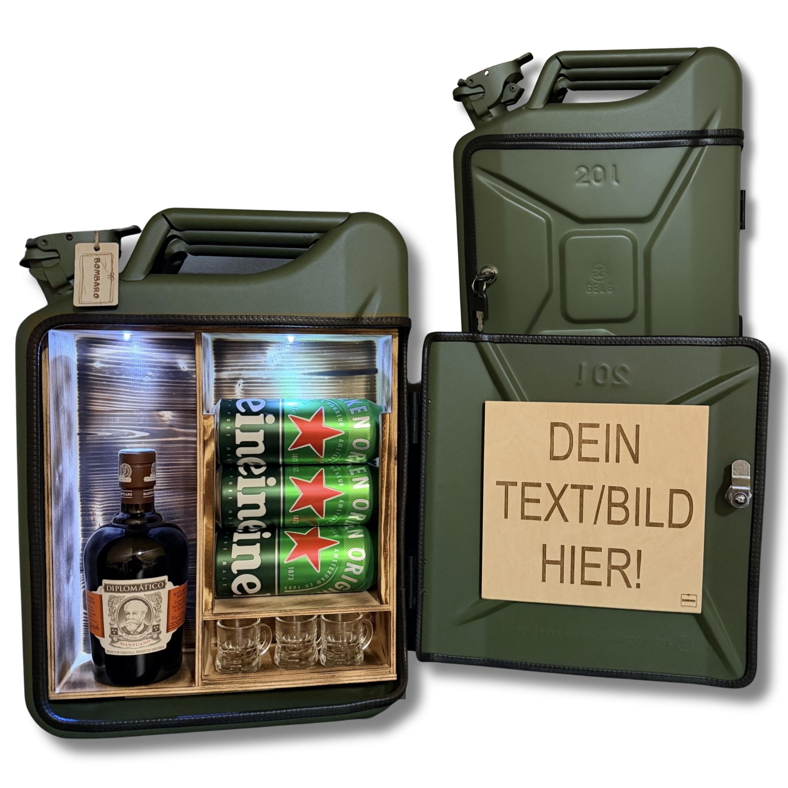 20L Kanister Mini Bar Premium I Maximal personalisierbar mit Gravur & LED Beleuchtung I 3 Gläser I Jerrycan I Mobile Kanister Bar Geschenk für Männer I Abschließbare Minibar I Bier Geschenk